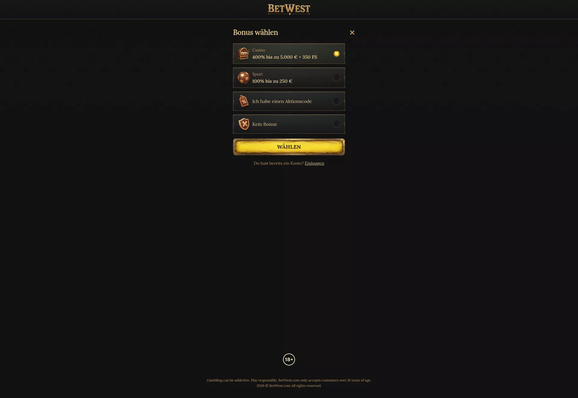 Desktop screen. BetWest Bis zu €5000 + 350 FS