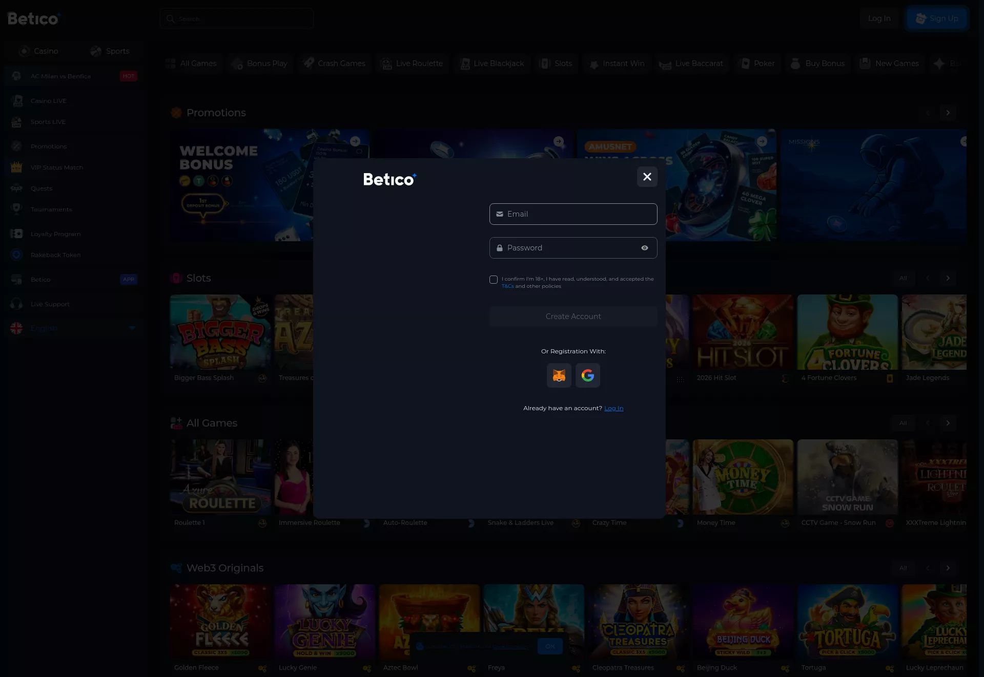 Desktop screen. Betico Casino Up to ₮3000 + 30 FS