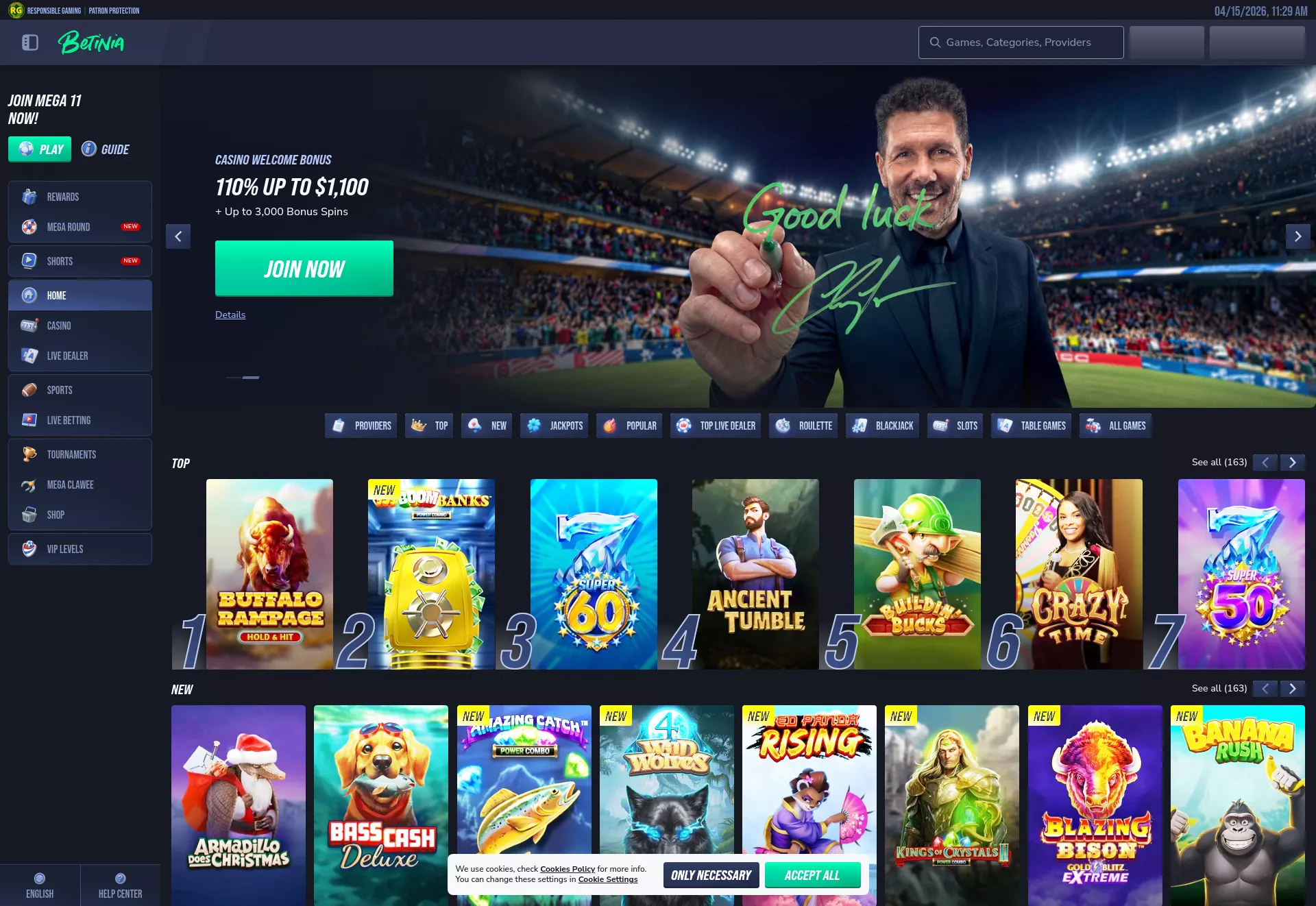 Desktop screen. Betinia 100% up to $500 + 200 FS