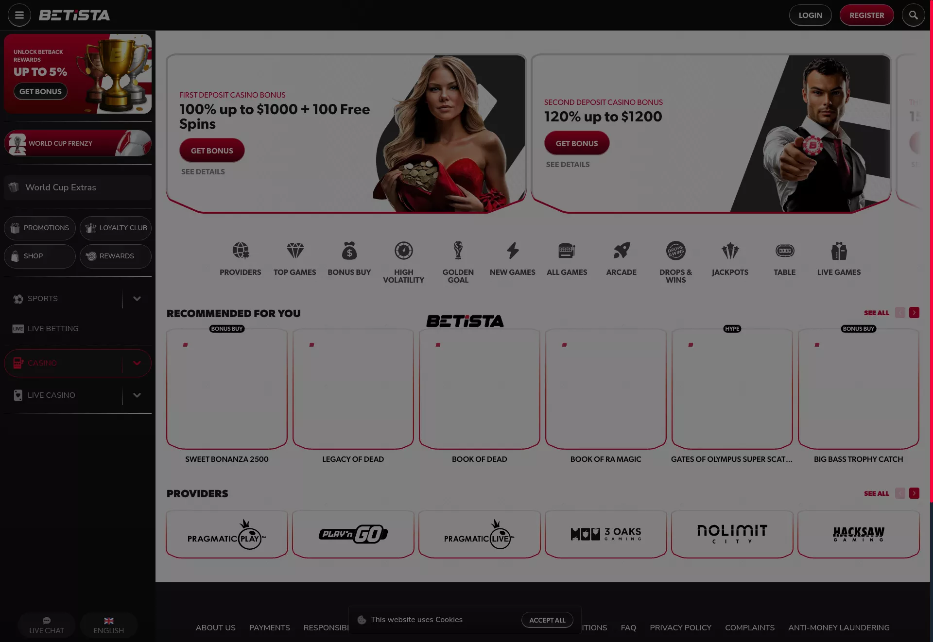 Desktop screen. Betista Casino Up to $3700 + 100 FS