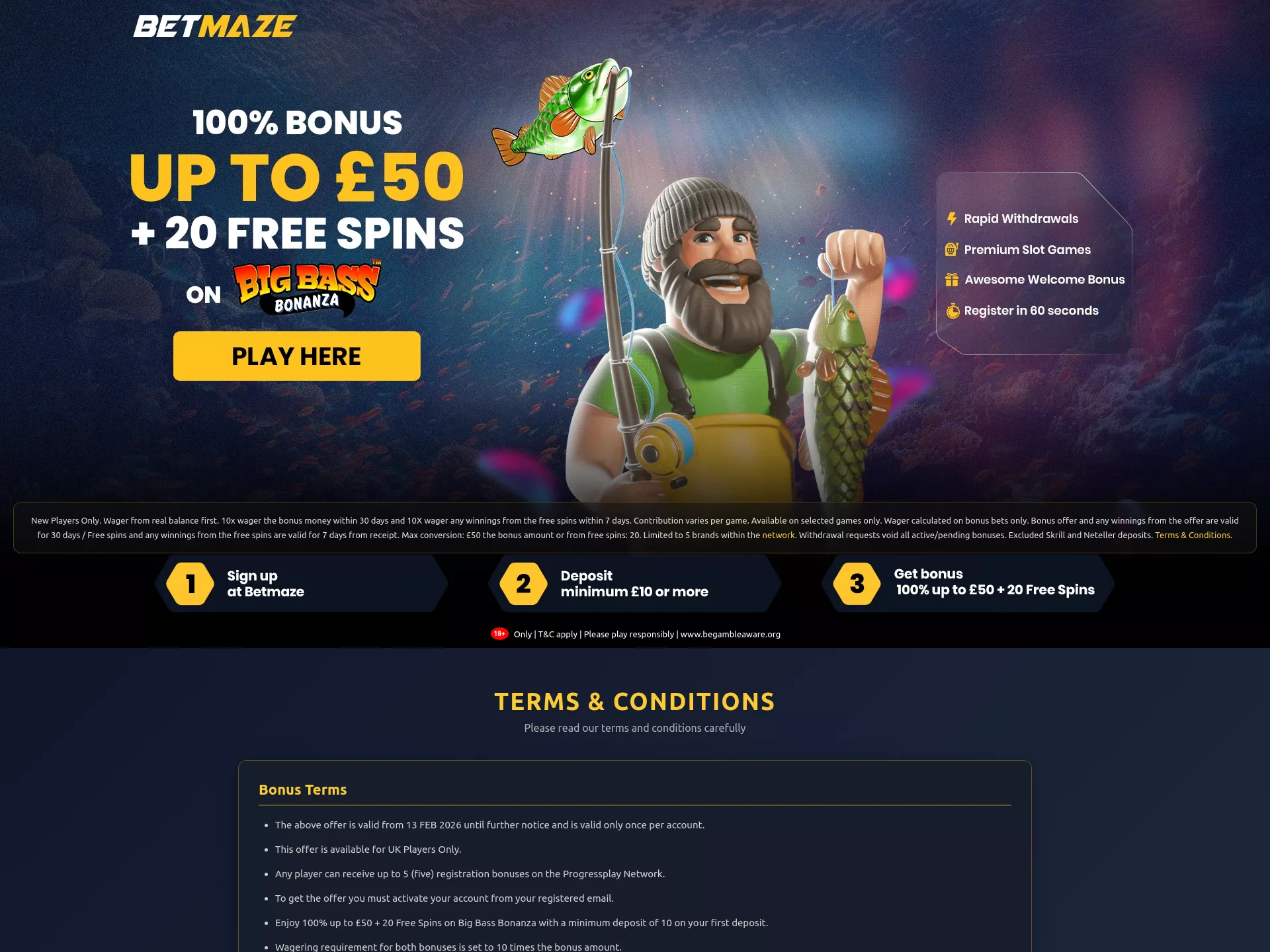 Desktop screen. Betmaze 100% up to £50 + 20 FS