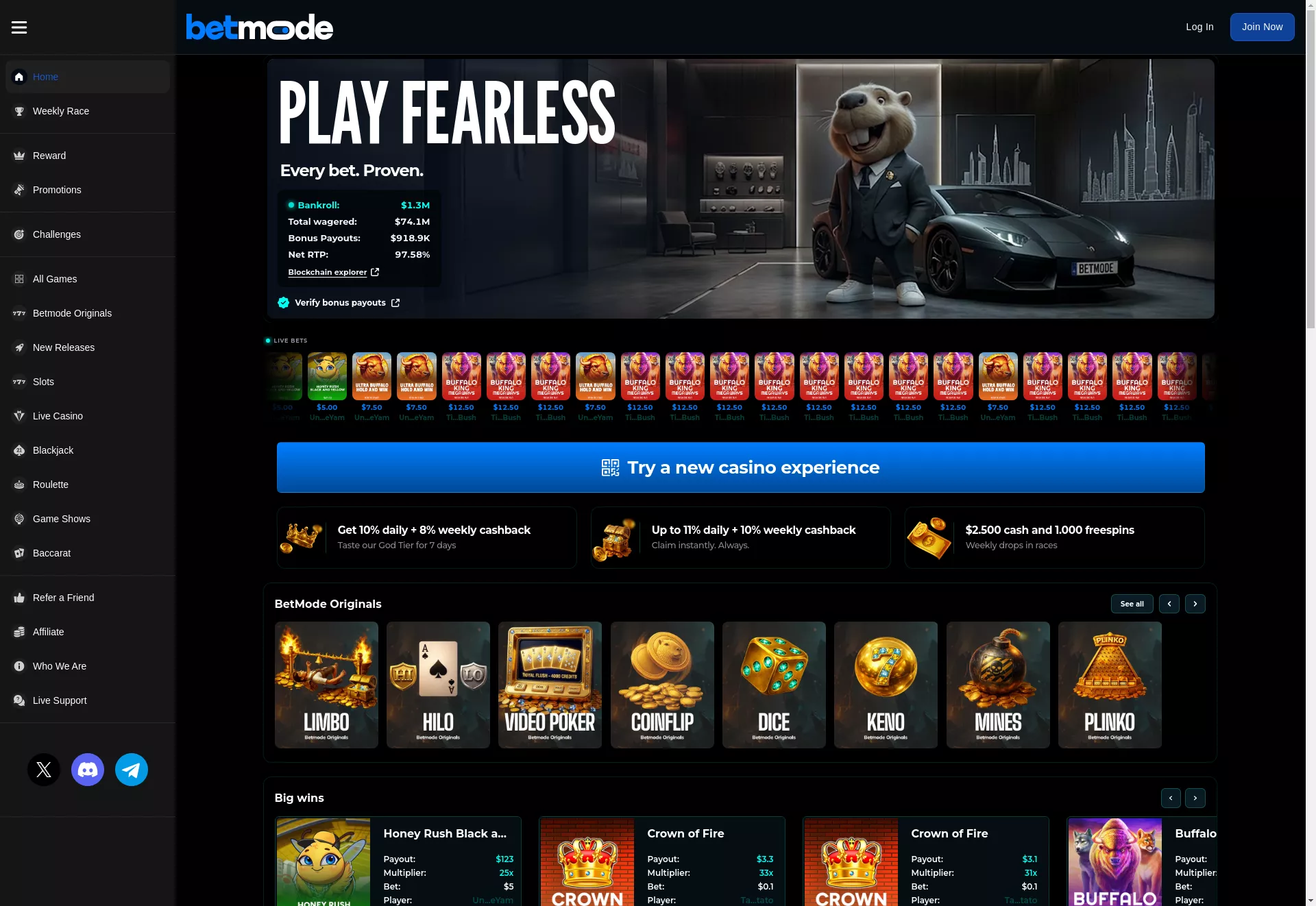 Desktop screen. Betmode 100% up to $100000