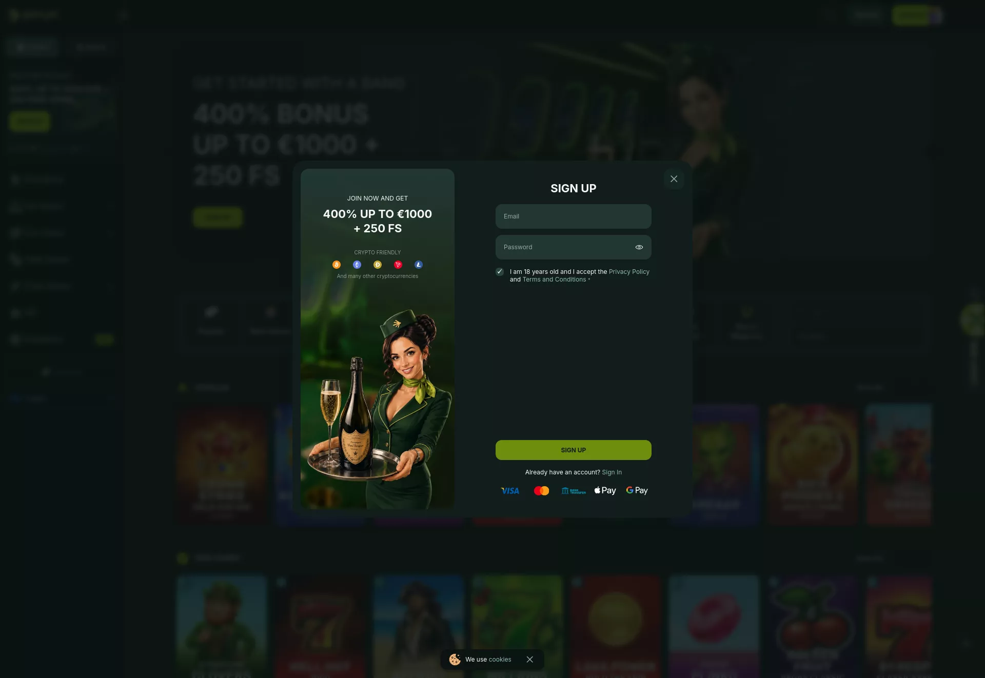 Desktop screen. BetnJet Up to €1000 + 250 FS