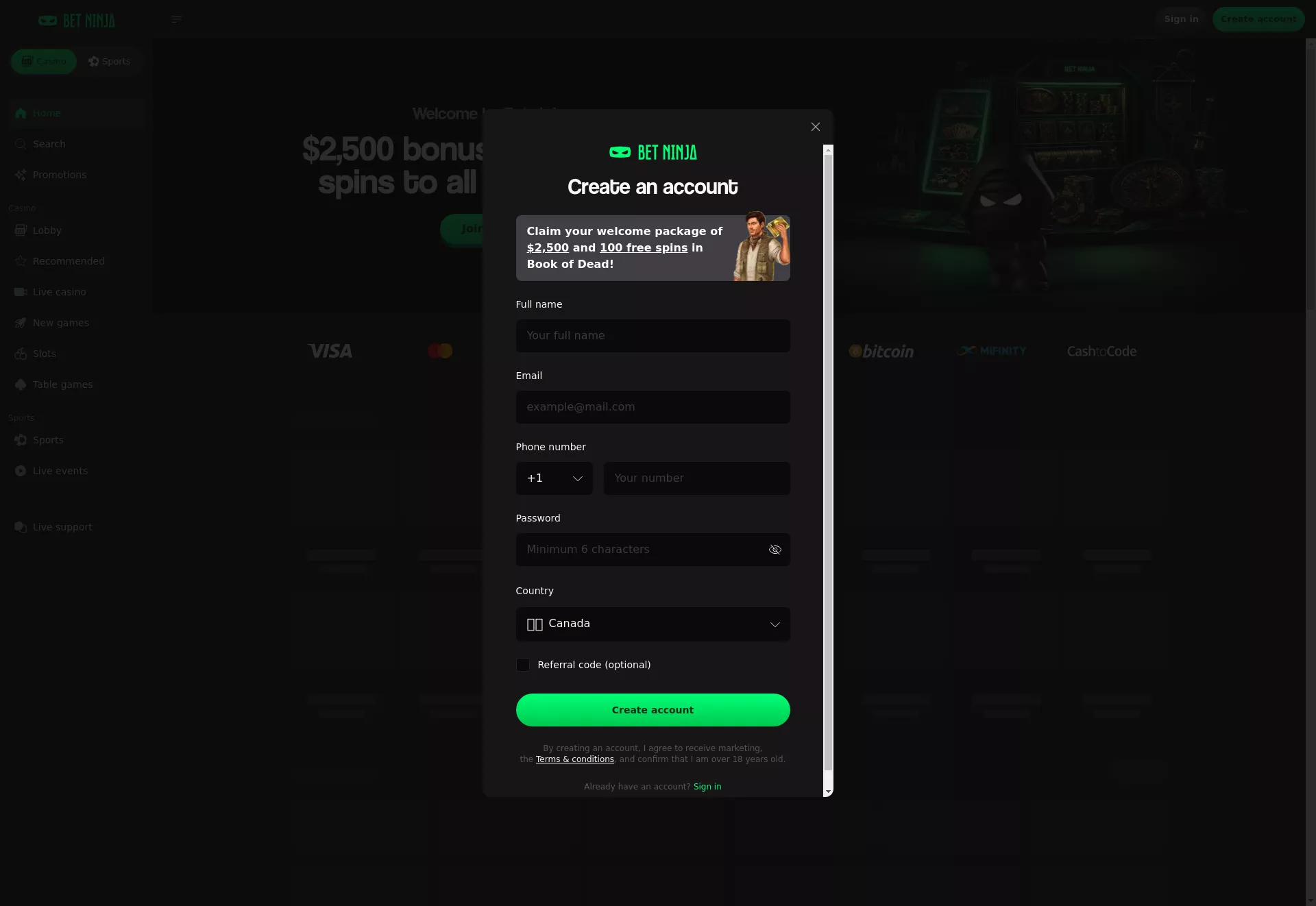Desktop screen. Betninja Up to C$2500 + 100 FS