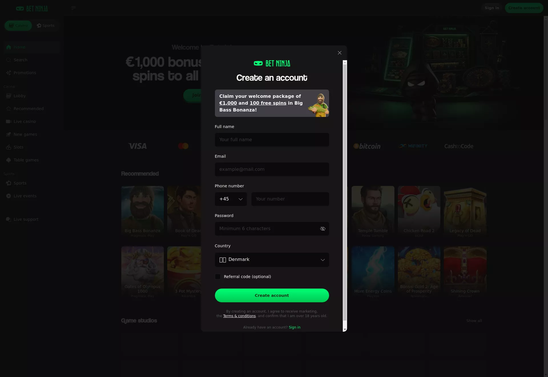 Desktop screen. Betninja Up to €1000 + 100 FS