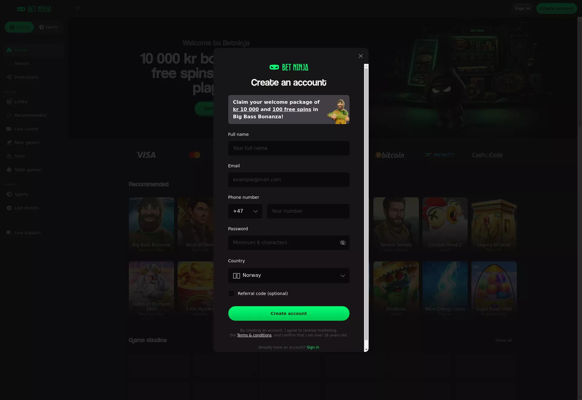 Desktop screen. Betninja Up to kr10000 + 100 FS