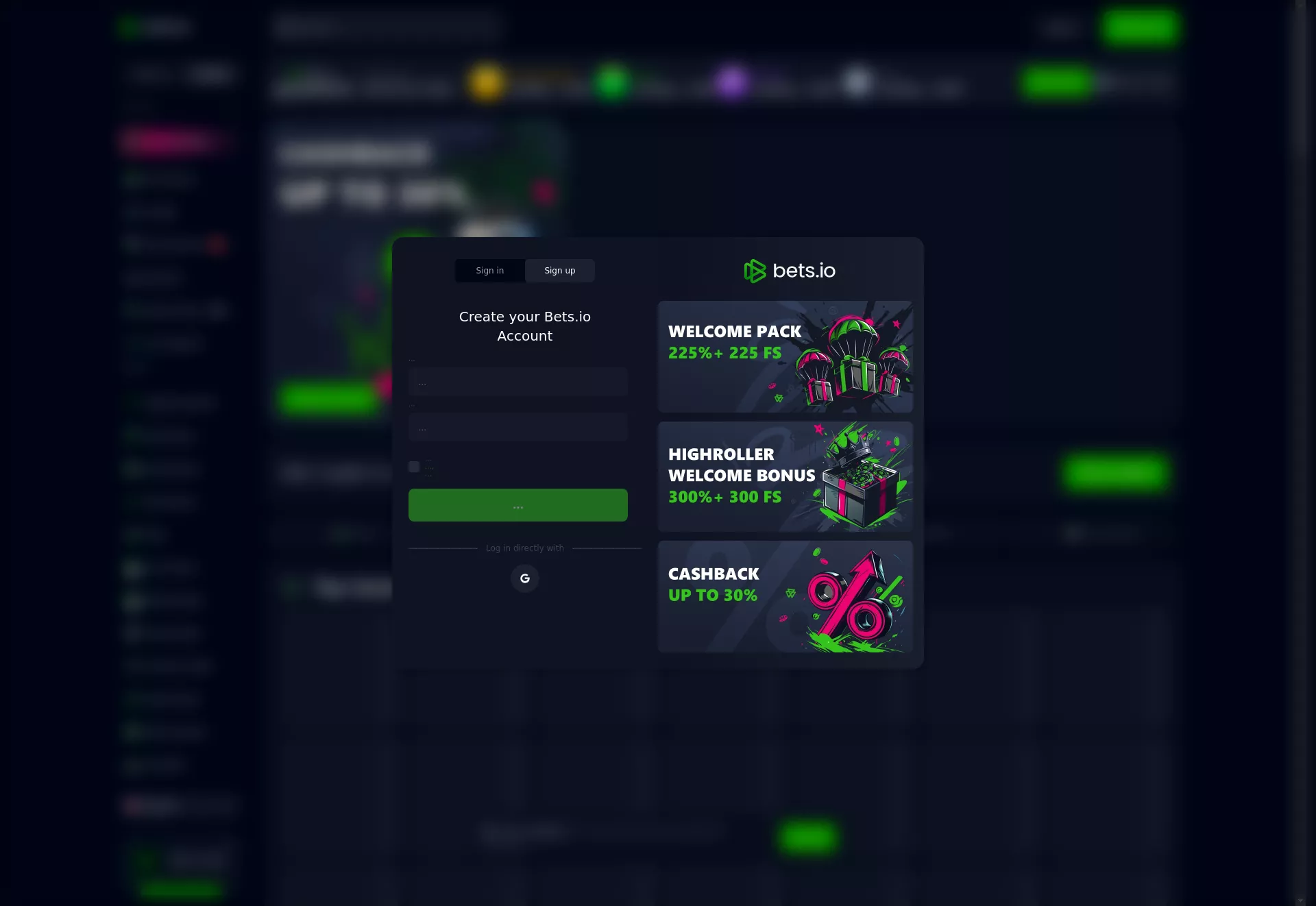 Desktop screen. Bets.io 100% up to ₿1 + 100 FS