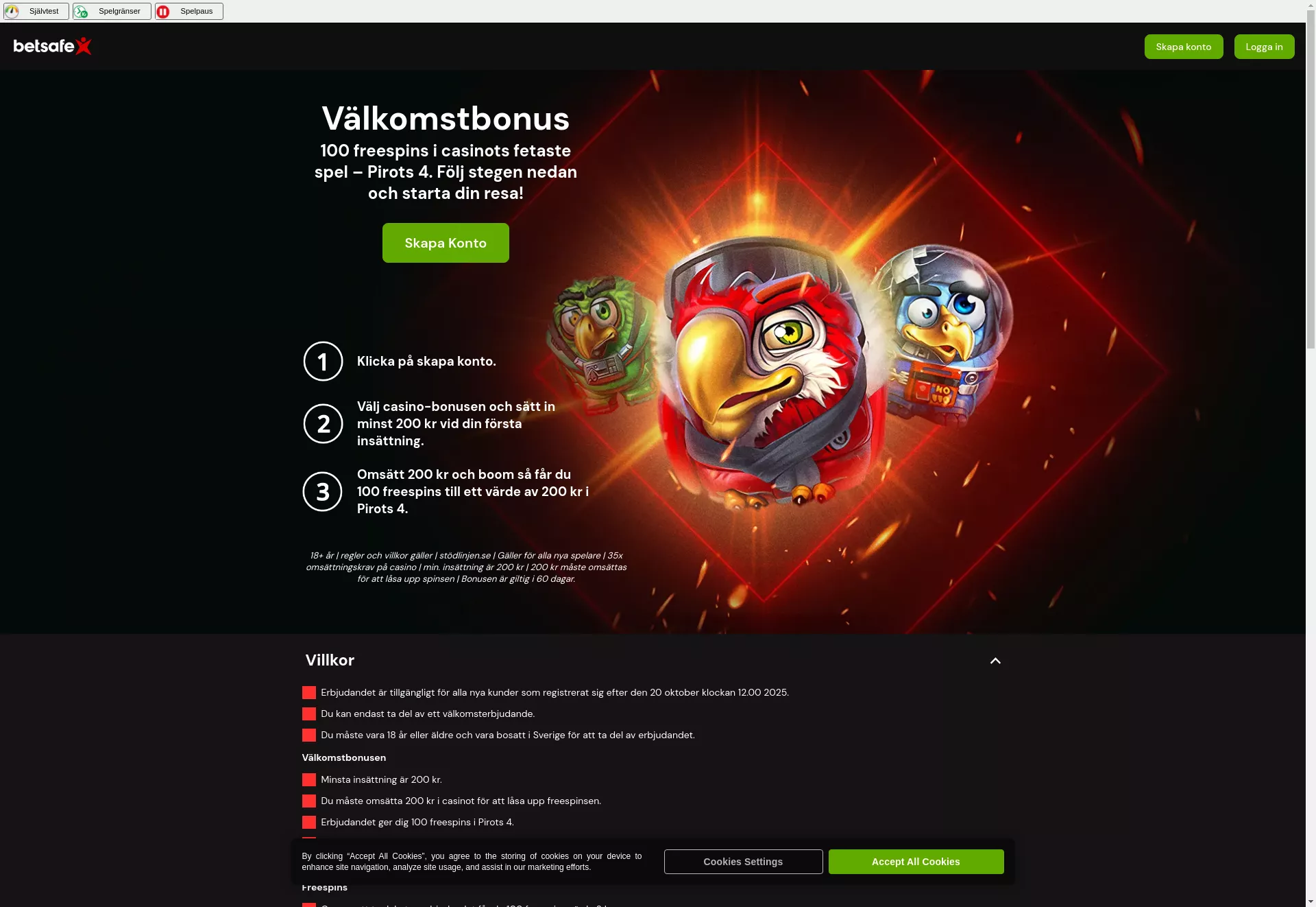 Desktop screen. Betsafe Få 100 FS