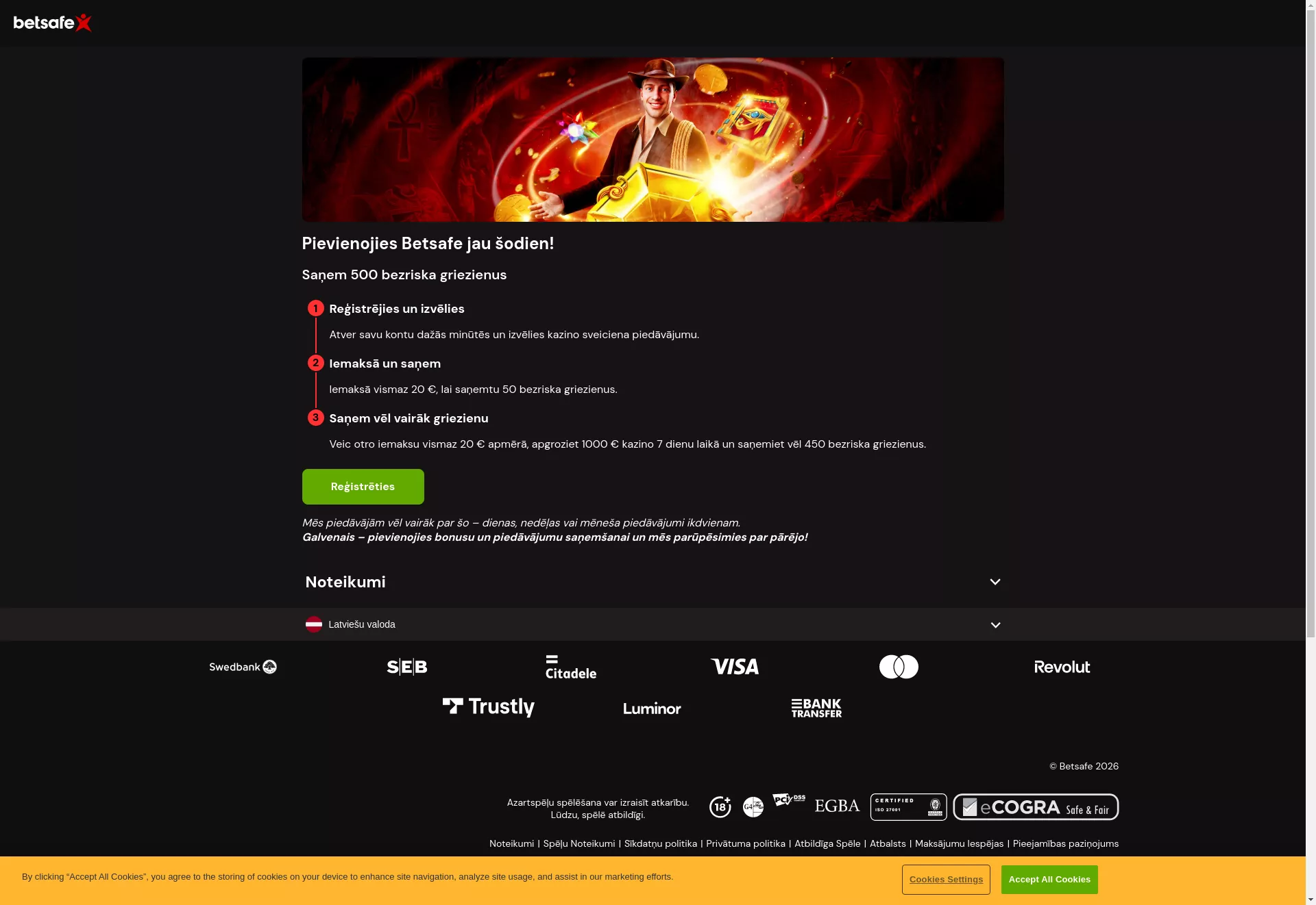 Desktop screen. Betsafe Up to 500 FS