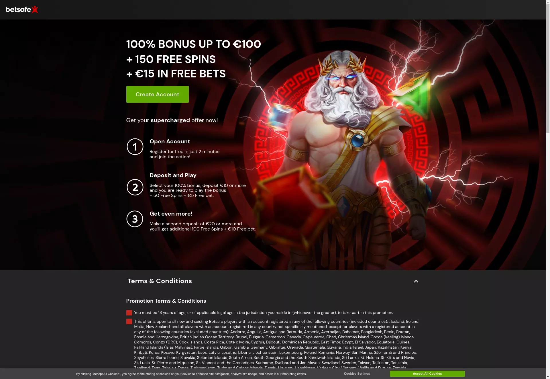 Desktop screen. Betsafe 100% up to €100 + 150 FS