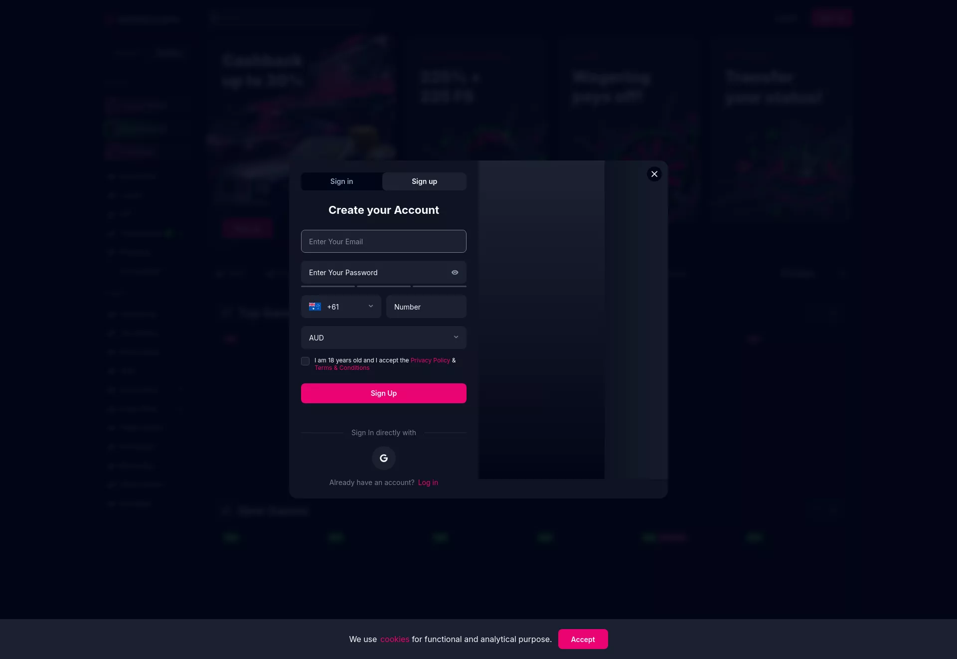 Desktop screen. Betsio.com Up to A$17250 + 225 FS