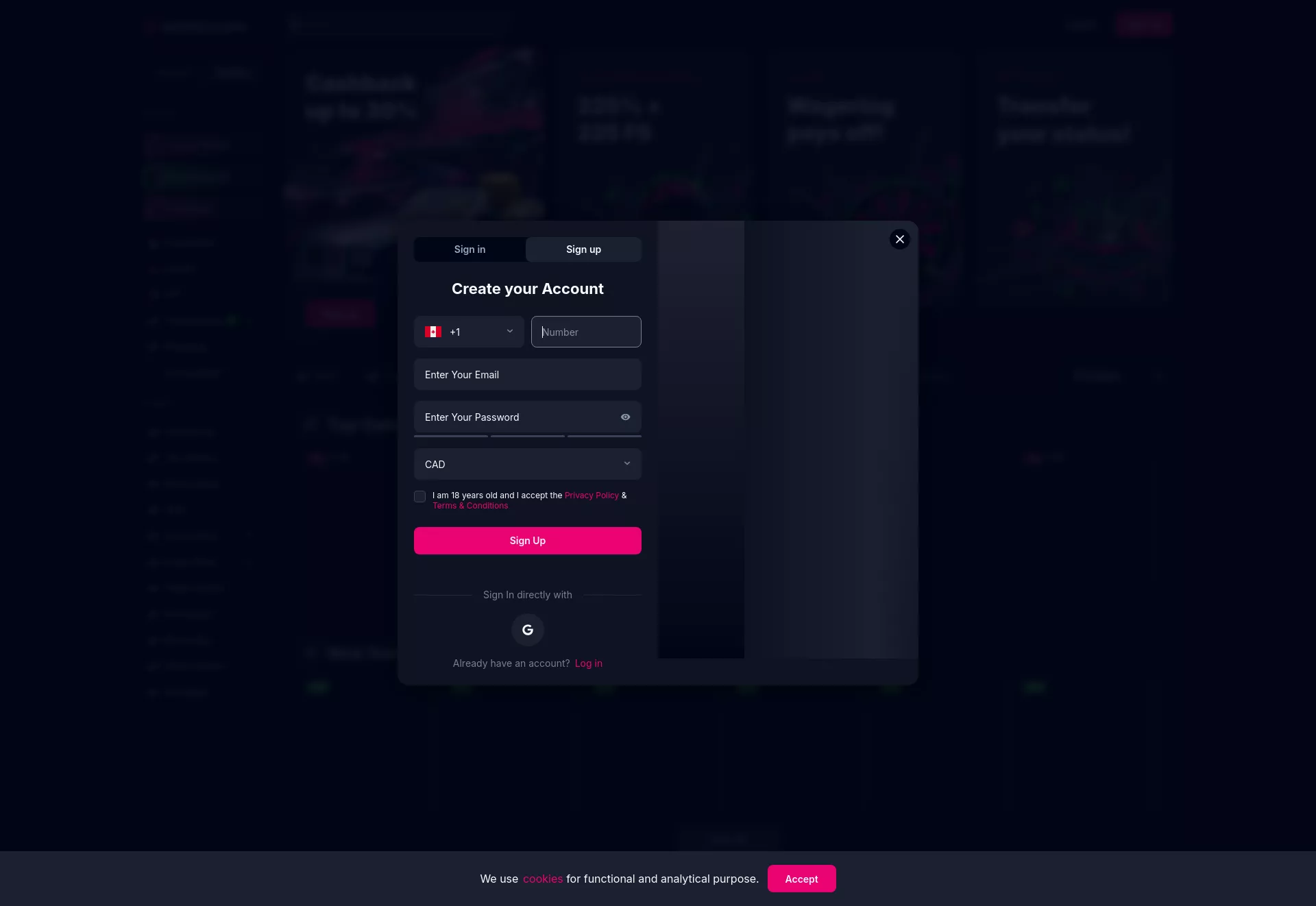Desktop screen. Betsio.com Up to C$17250 + 225 FS
