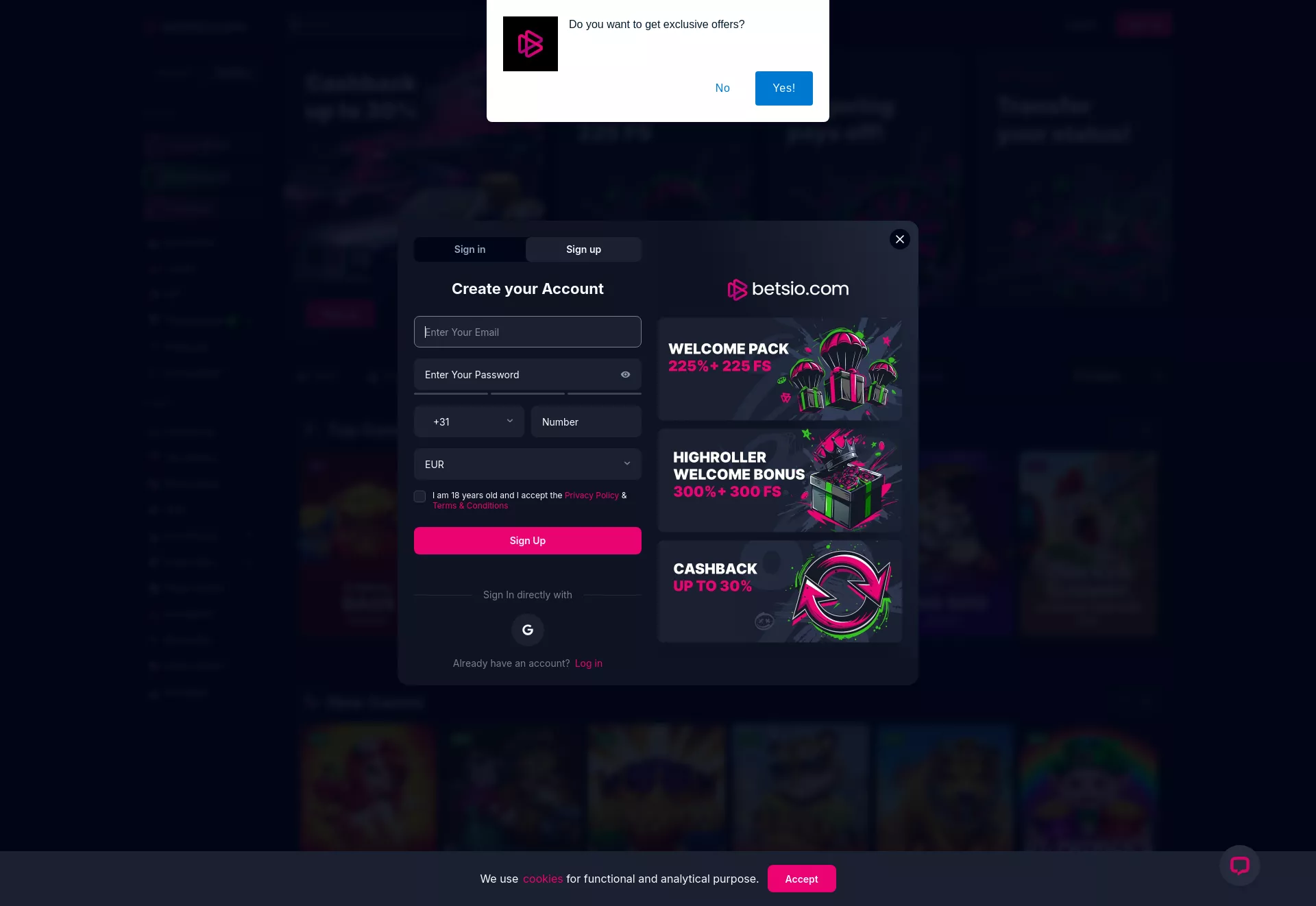 Desktop screen. Betsio.com Up to €11500 + 225 FS