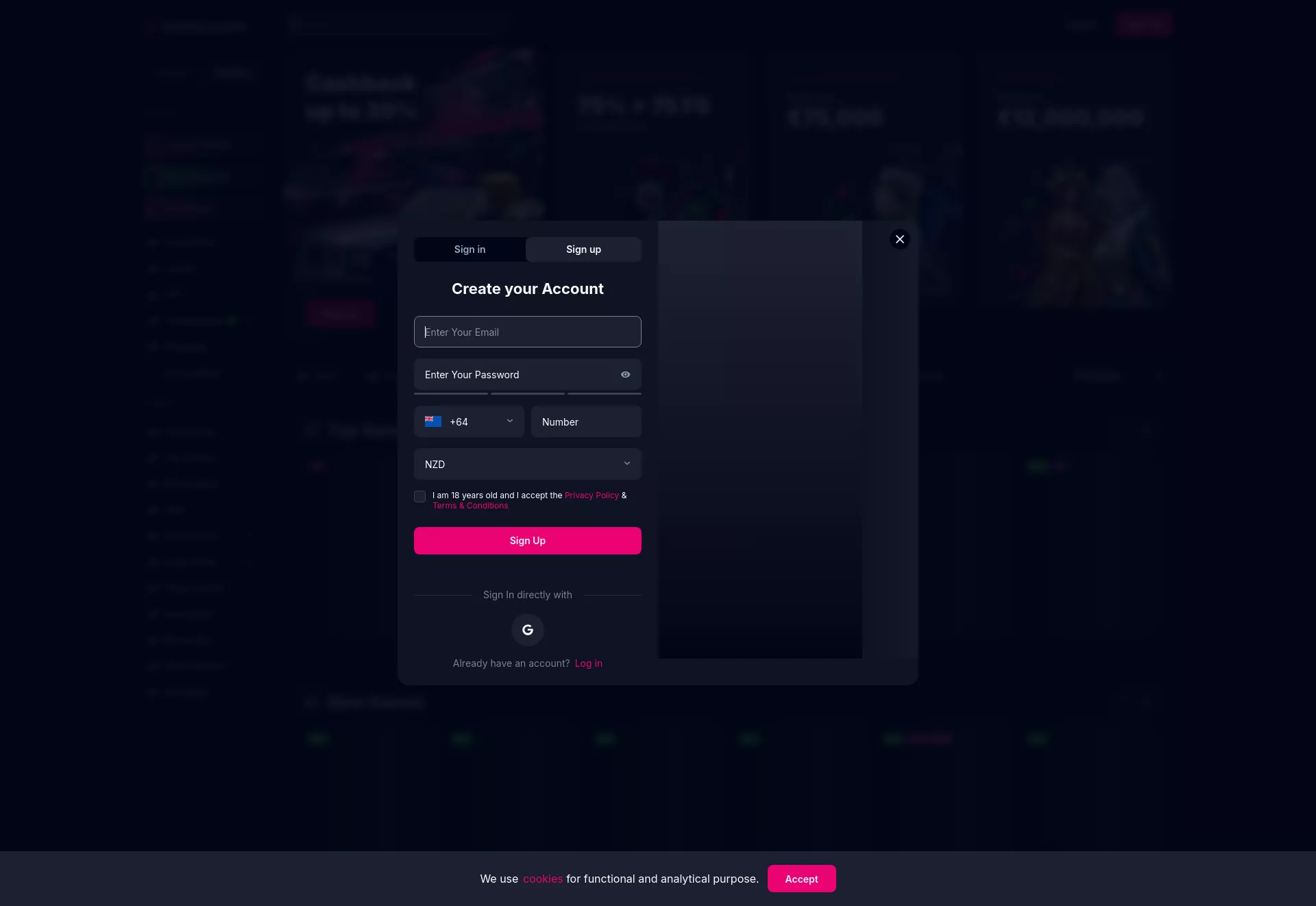 Desktop screen. Betsio.com Up to NZ$17250 + 225 FS