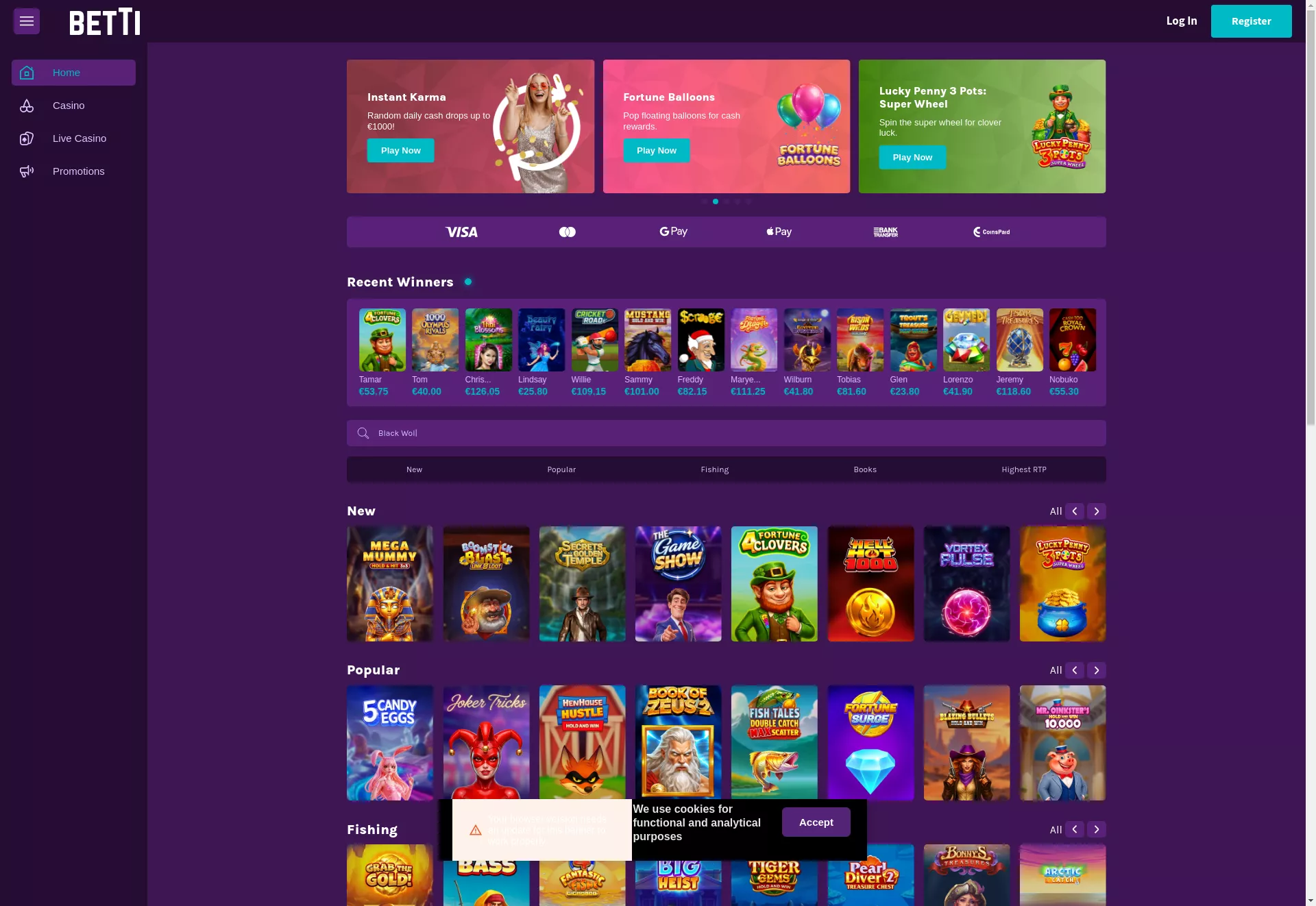 Desktop screen. Betti Casino 100% up to €750 + 150 FS