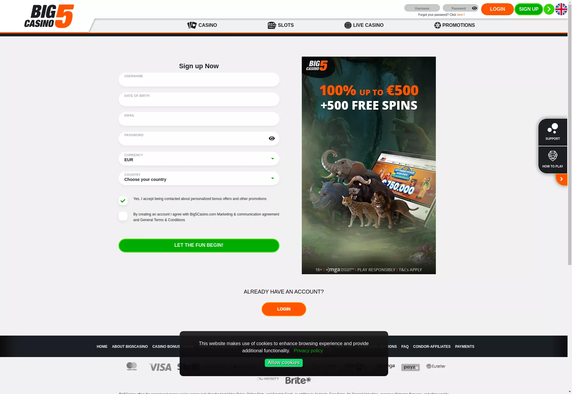 Desktop screen. Big 5 Casino Up to $3000 + 305 FS