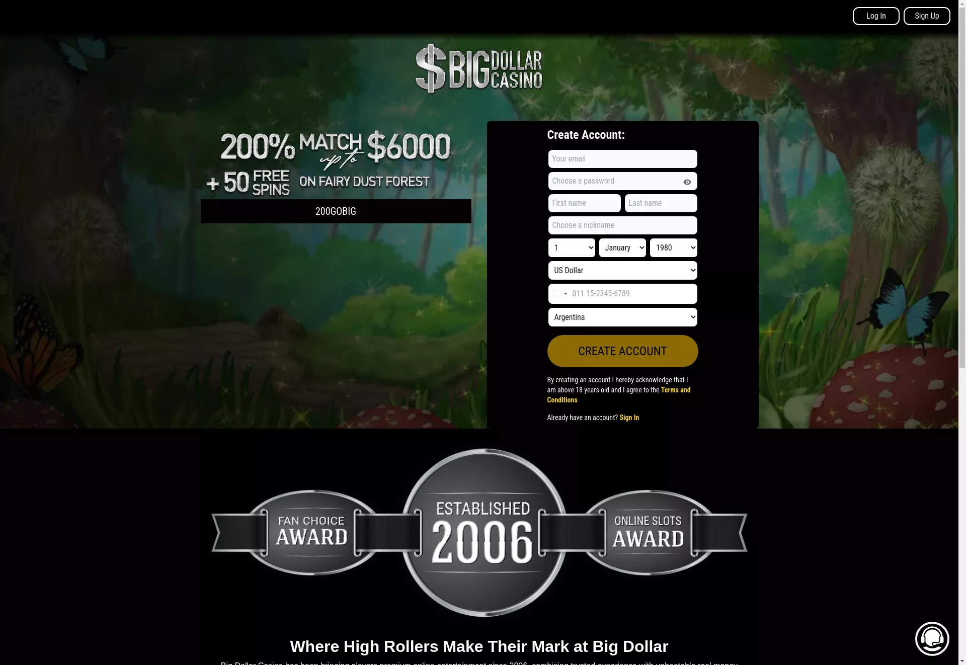 Desktop screen. Big Dollar Casino 300% up to $1200