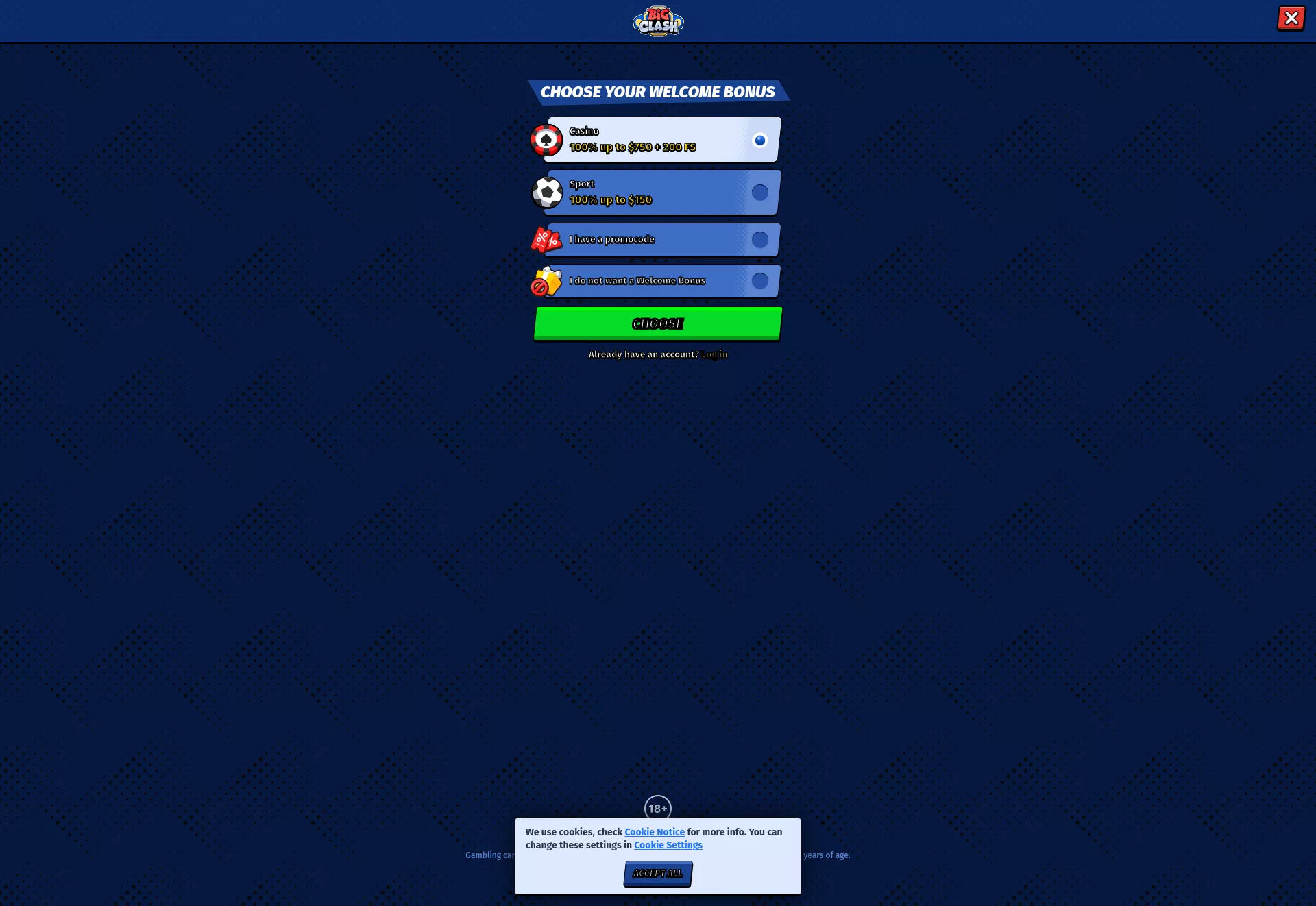 Desktop screen. BigClash 100% up to C$750 + 200 FS + 1 Bonus Crab