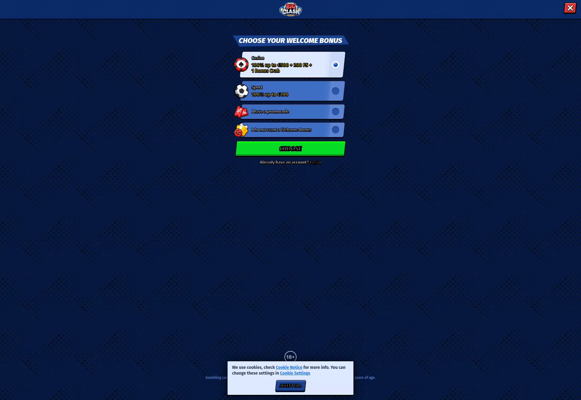 Desktop screen. BigClash 100% up to $500 + 200 FS + 1 Bonus Crab