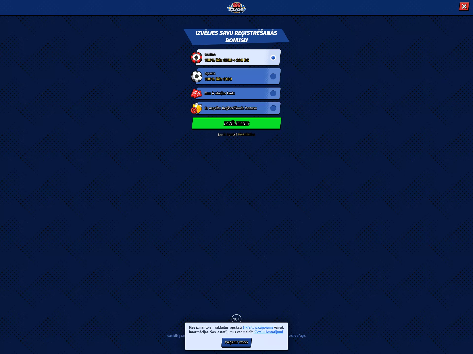Desktop screen. BigClash 100% up to €500 + 200 FS + 1 Bonus Crab