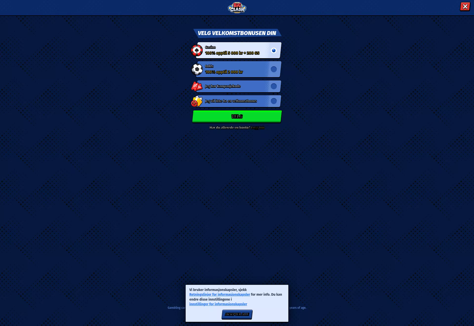 Desktop screen. BigClash 100% up to kr5000 + 200 FS + 1 Bonus Crab