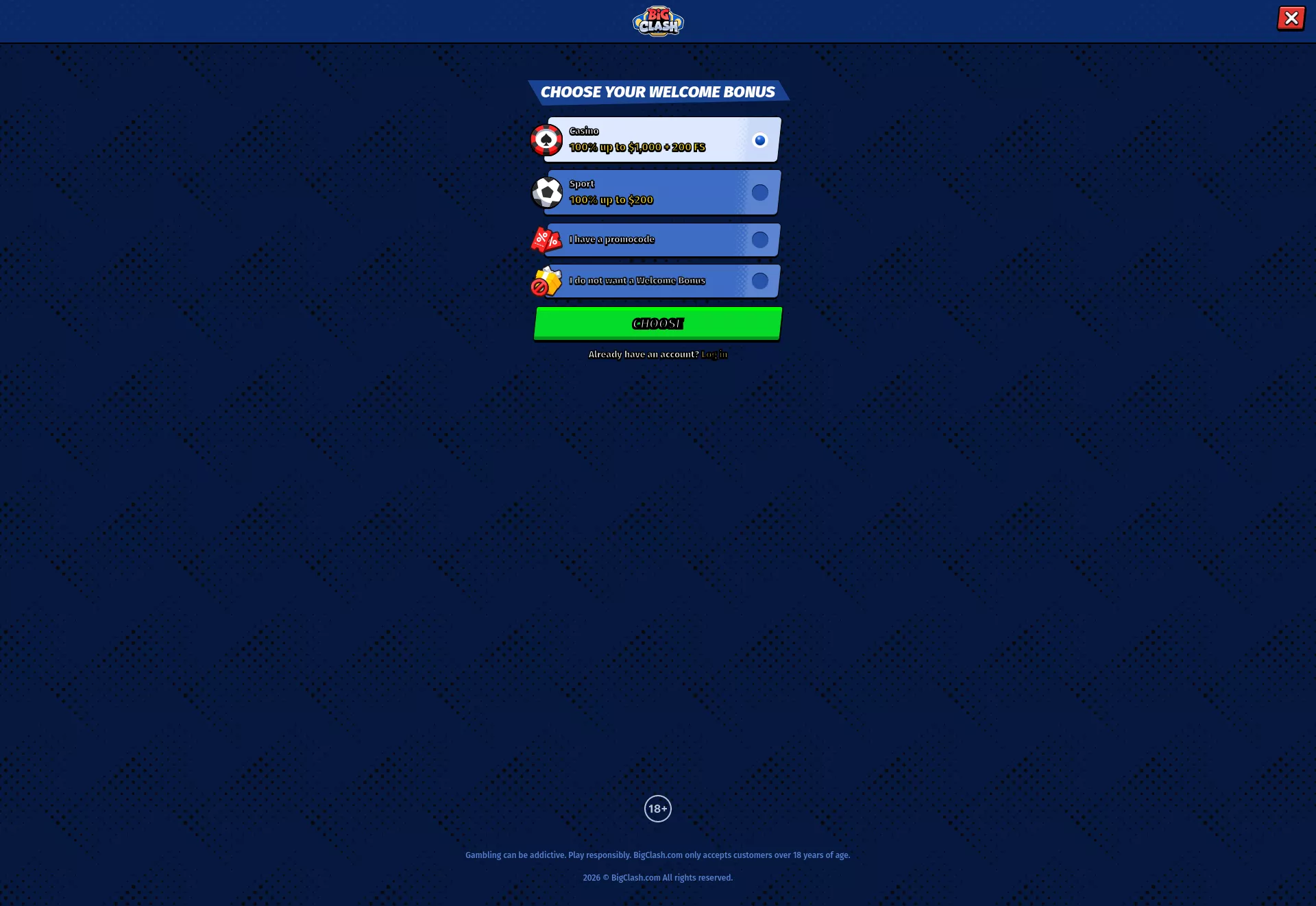 Desktop screen. BigClash 100% up to NZ$1000 + 200 FS + 1 Bonus Crab