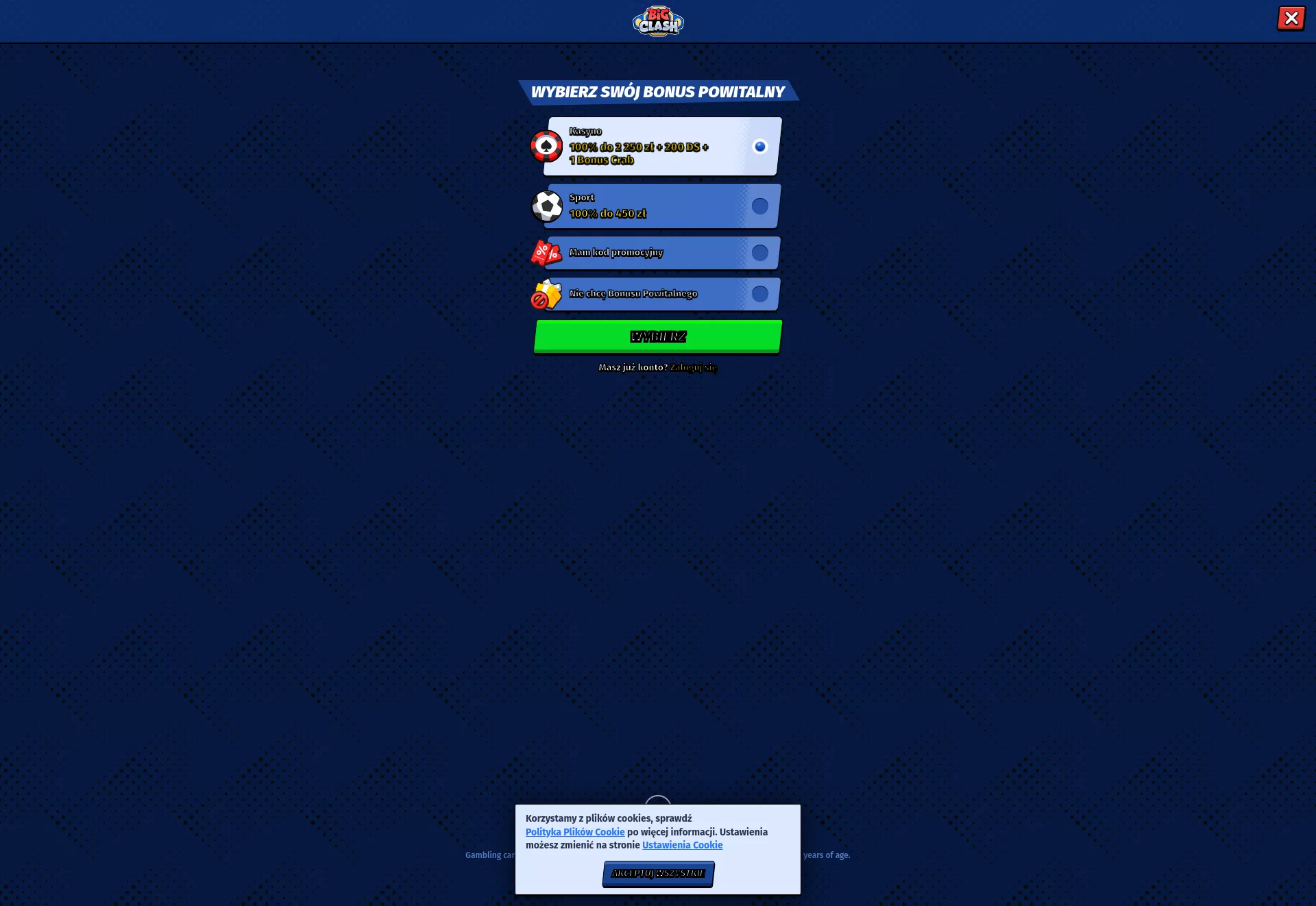 Desktop screen. BigClash 100% up to zł2250 + 200 FS + 1 Bonus Crab
