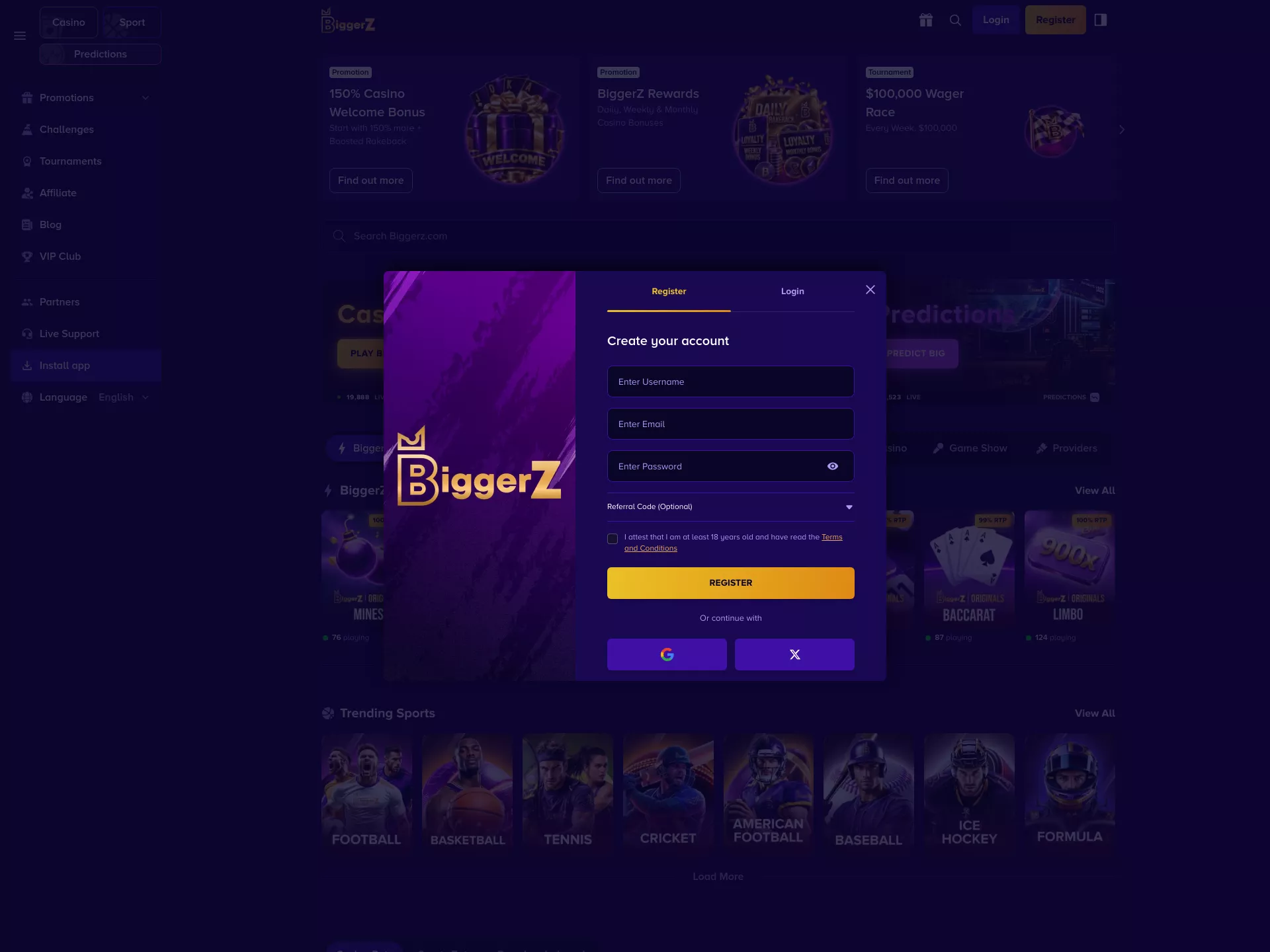 Desktop screen. BiggerZ 150% up to $1500 + 100 FS