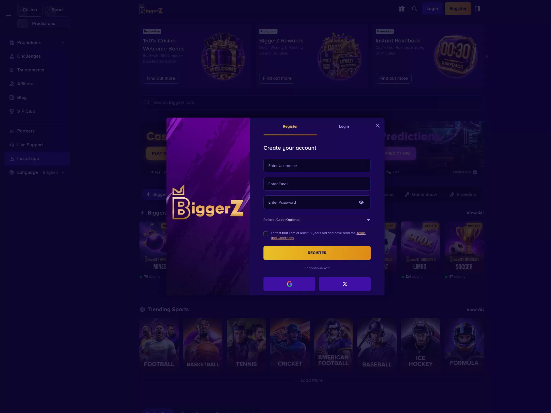 Desktop screen. BiggerZ 150% up to $1500 + 100 FS