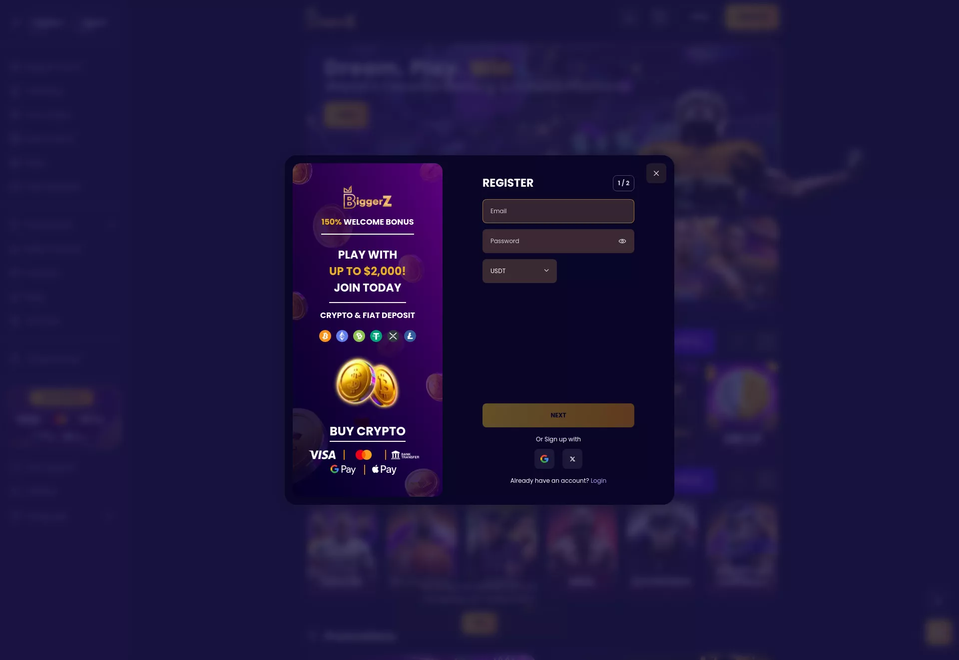 Desktop screen. BiggerZ 150% up to $1500 + 100 FS