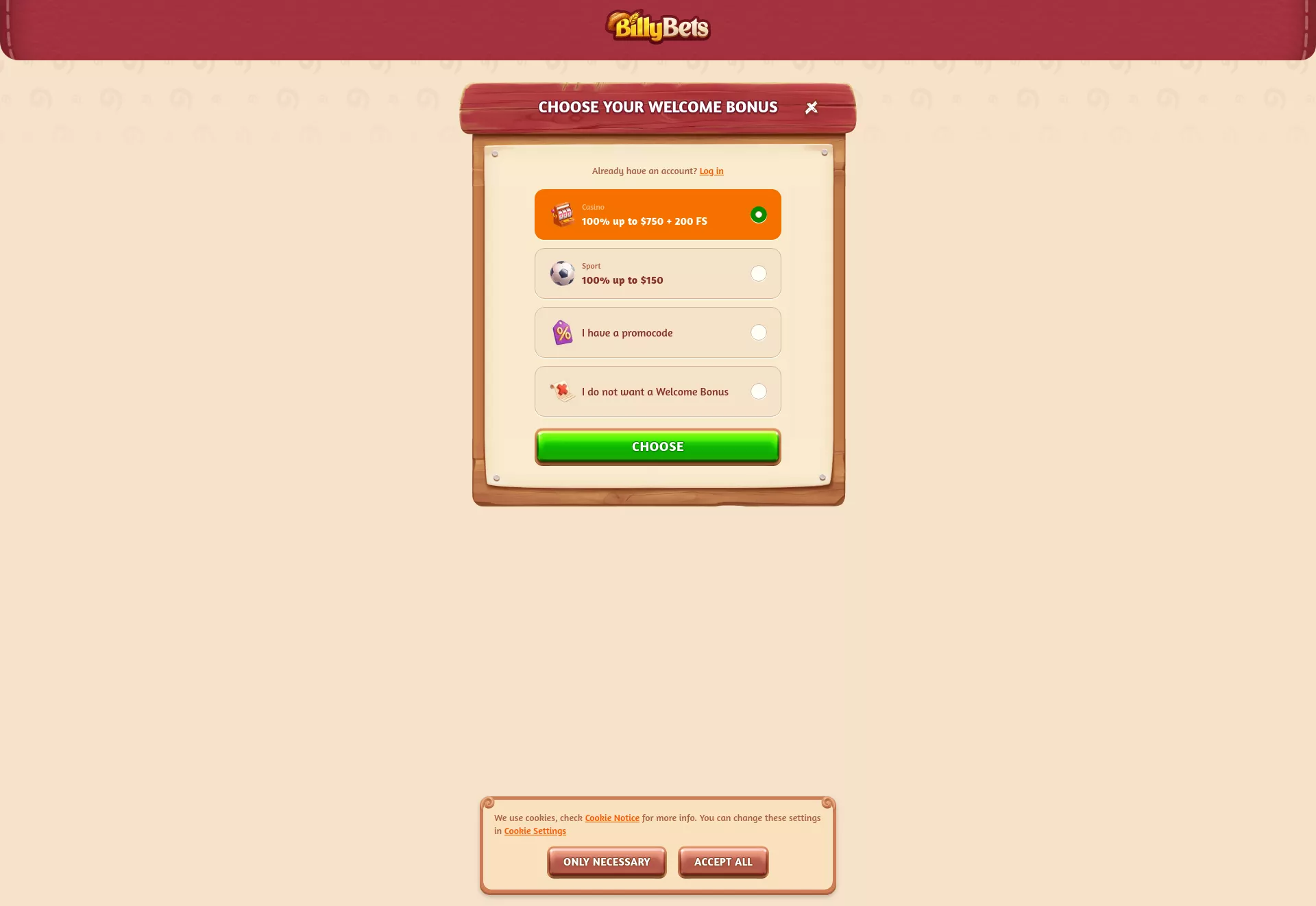 Desktop screen. BillyBets 100% up to C$750 + 200 FS