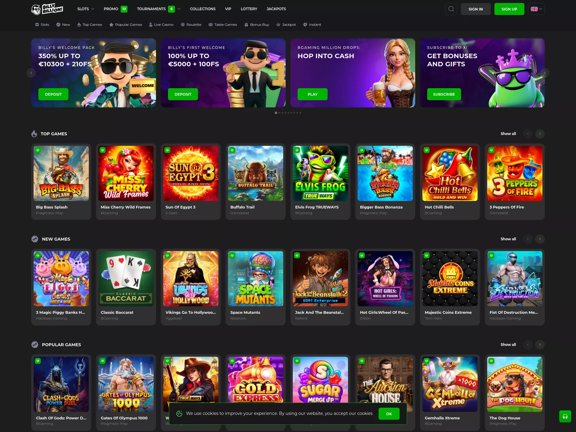 Desktop screen. BillyBillion Casino Up to $15200 + 210 FS