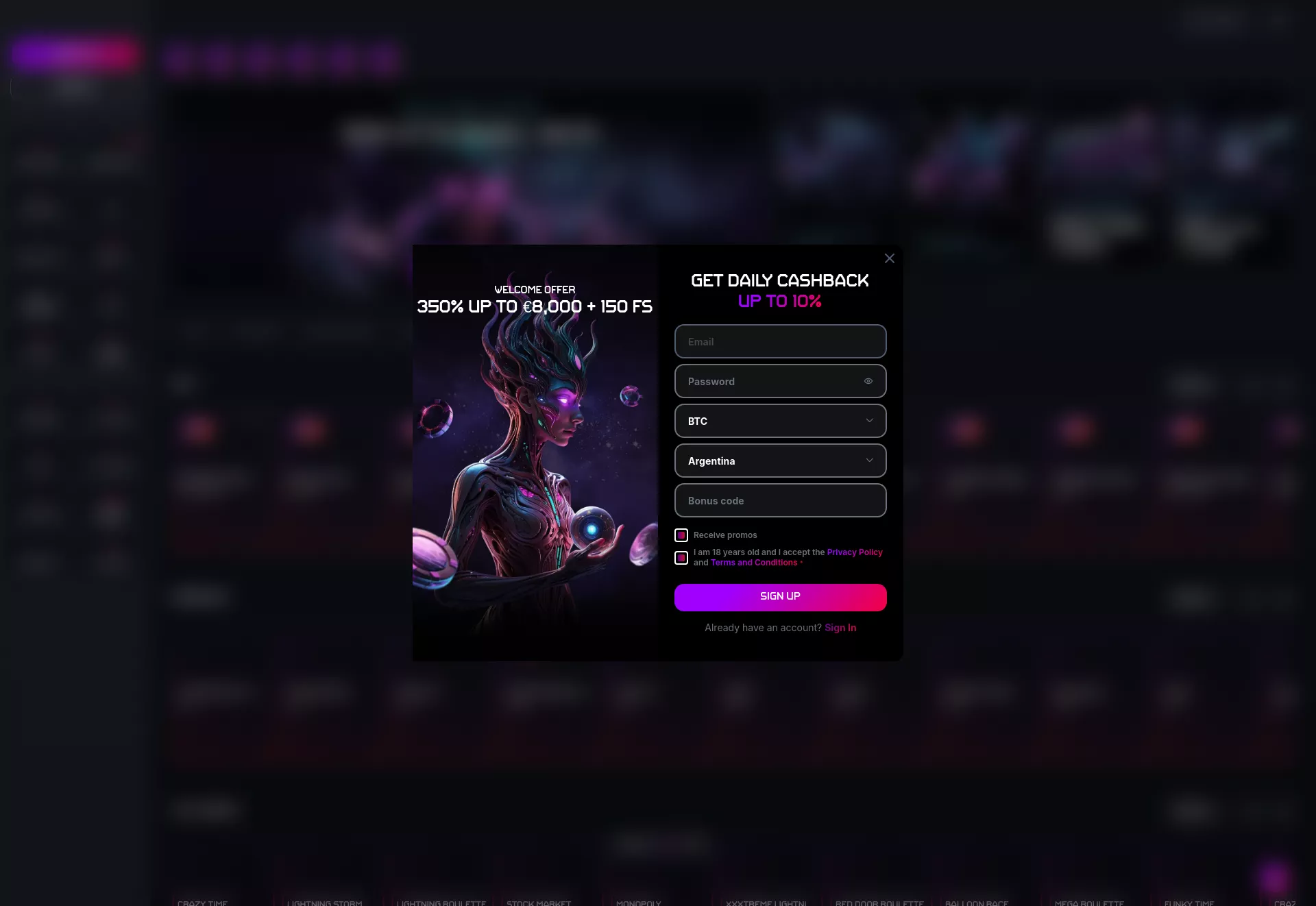 Desktop screen. BitStrike Casino Up to ₮2550 + 250 FS