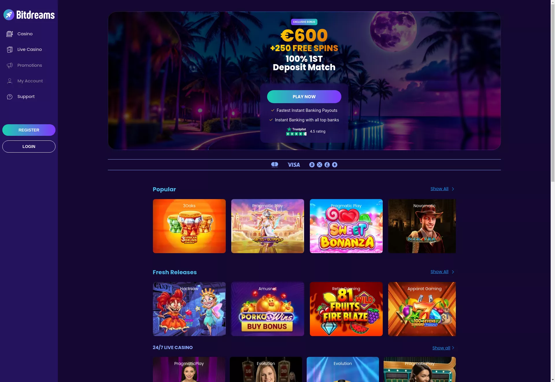 Desktop screen. Bitdreams Casino Up to $2000 + 200 FS