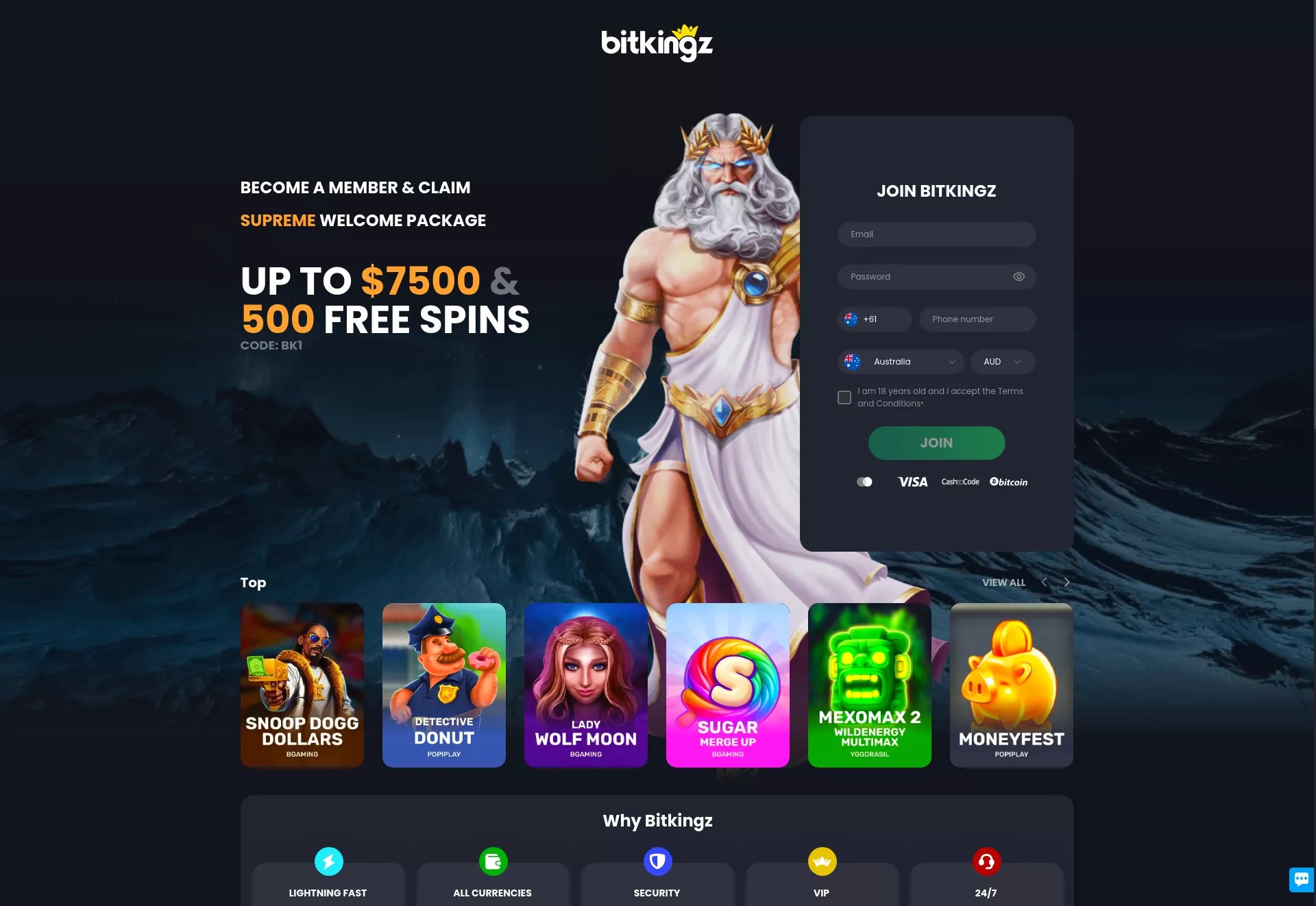 Desktop screen. Bitkingz 150% up to A$200 + 150 FS