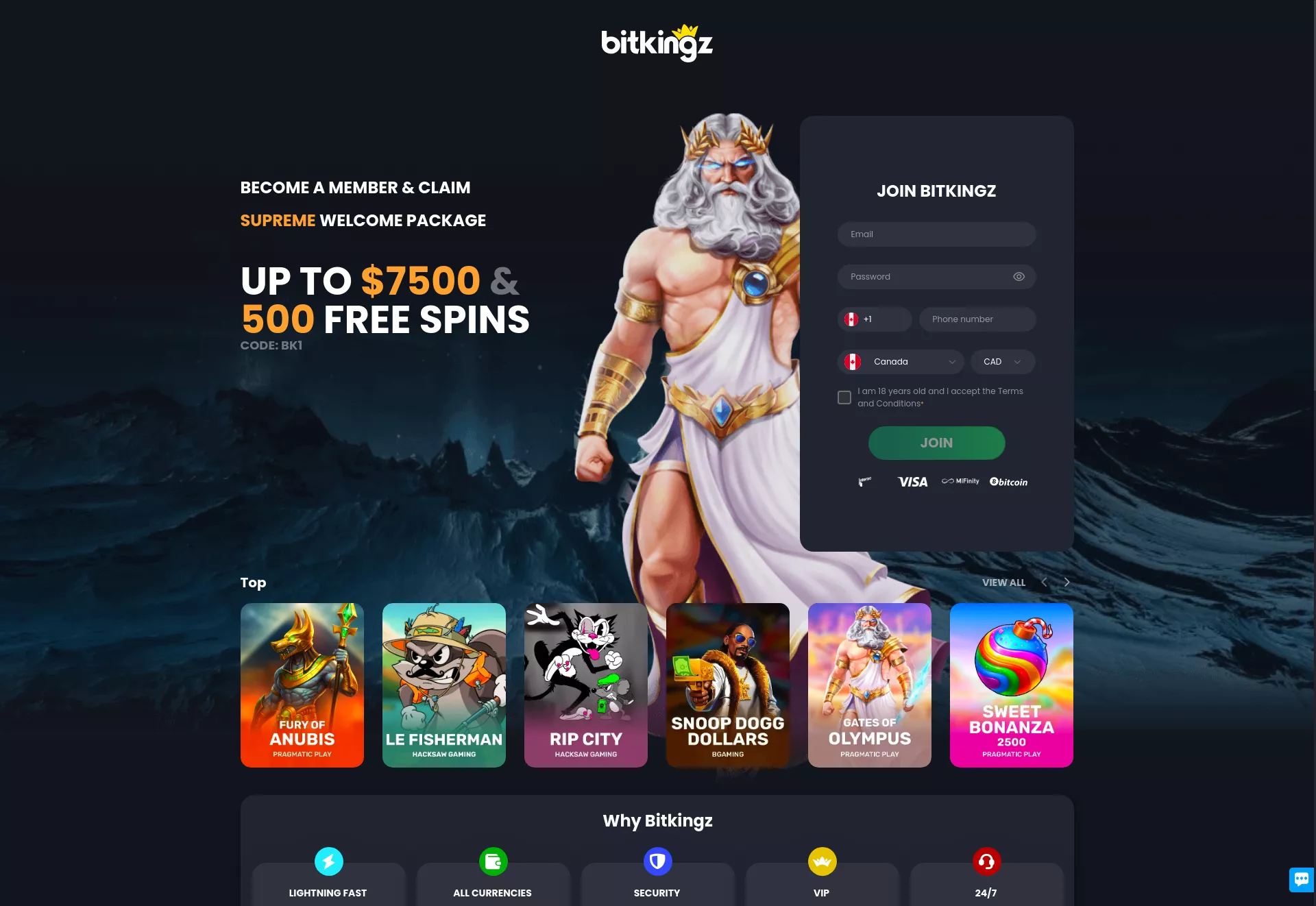 Desktop screen. Bitkingz 150% up to C$200 + 150 FS
