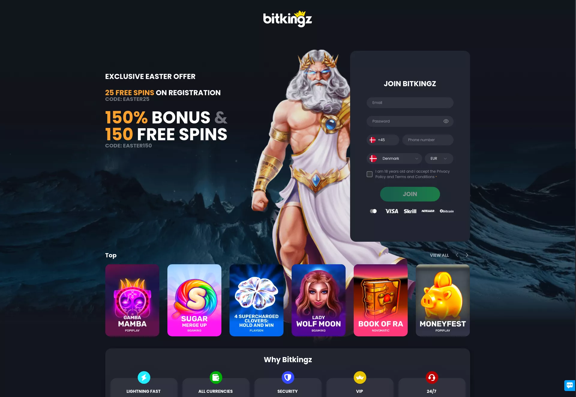 Desktop screen. Bitkingz 150% up to €150 + 150 FS