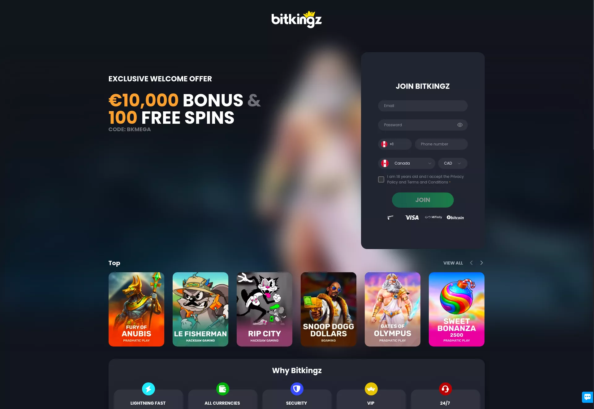 Desktop screen. Bitkingz 100% up to C$15000 + 100 FS