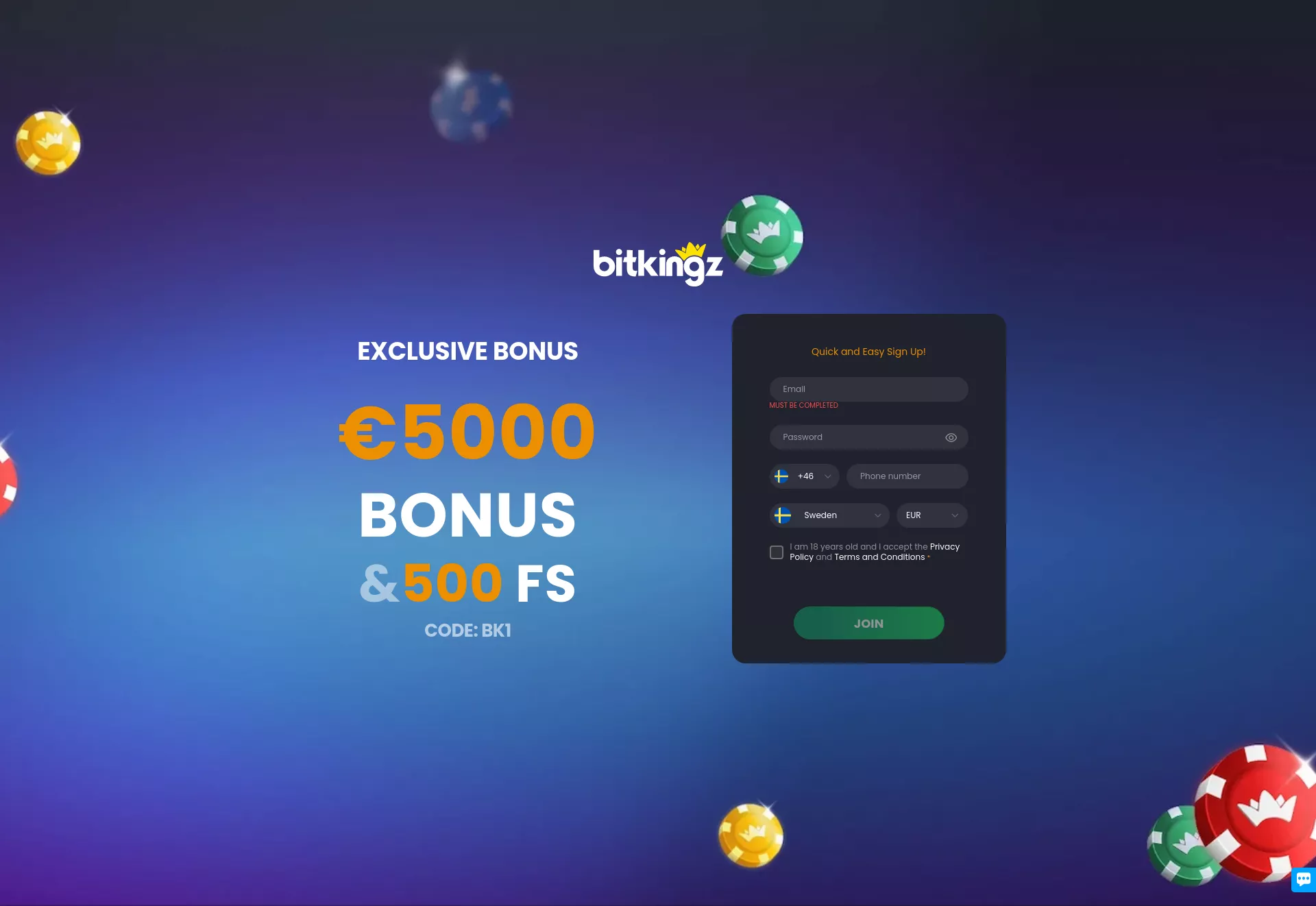 Desktop screen. Bitkingz Up to €5000 + 500 FS