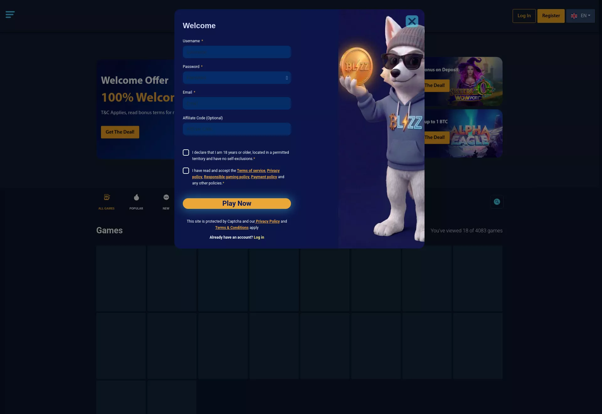 Desktop screen. Blizz Casino Up to ₿2.2
