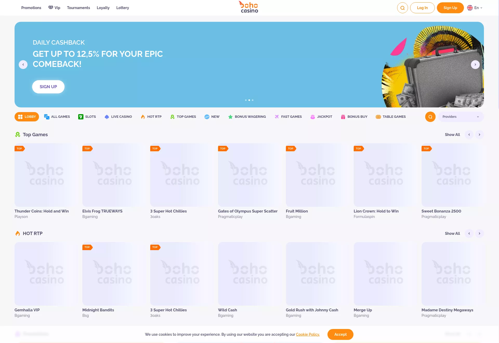 Desktop screen. Boho Casino Up to $2000 + 225 FS
