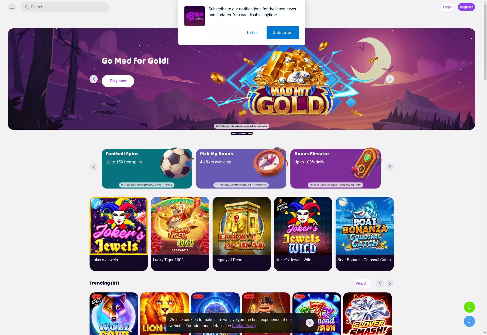 Desktop screen. Boo Casino Up to 50 FS