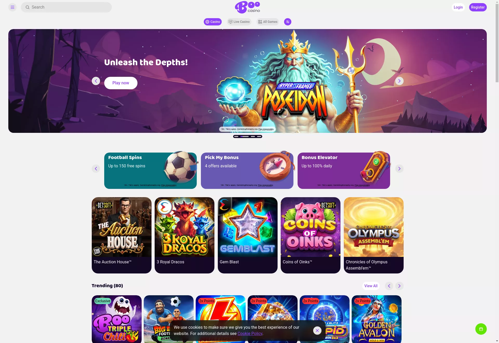Desktop screen. Boo Casino Up to $1000 + 150 FS