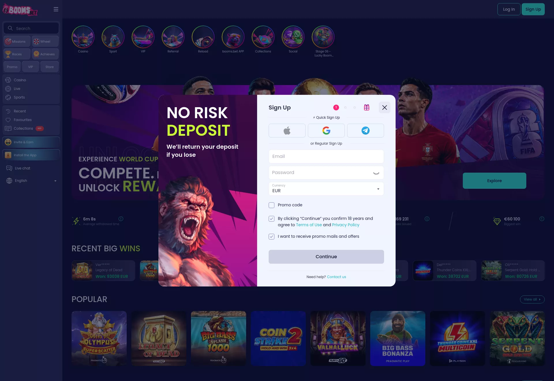 Desktop screen. Booms.bet Up to $1500 + 150 FS