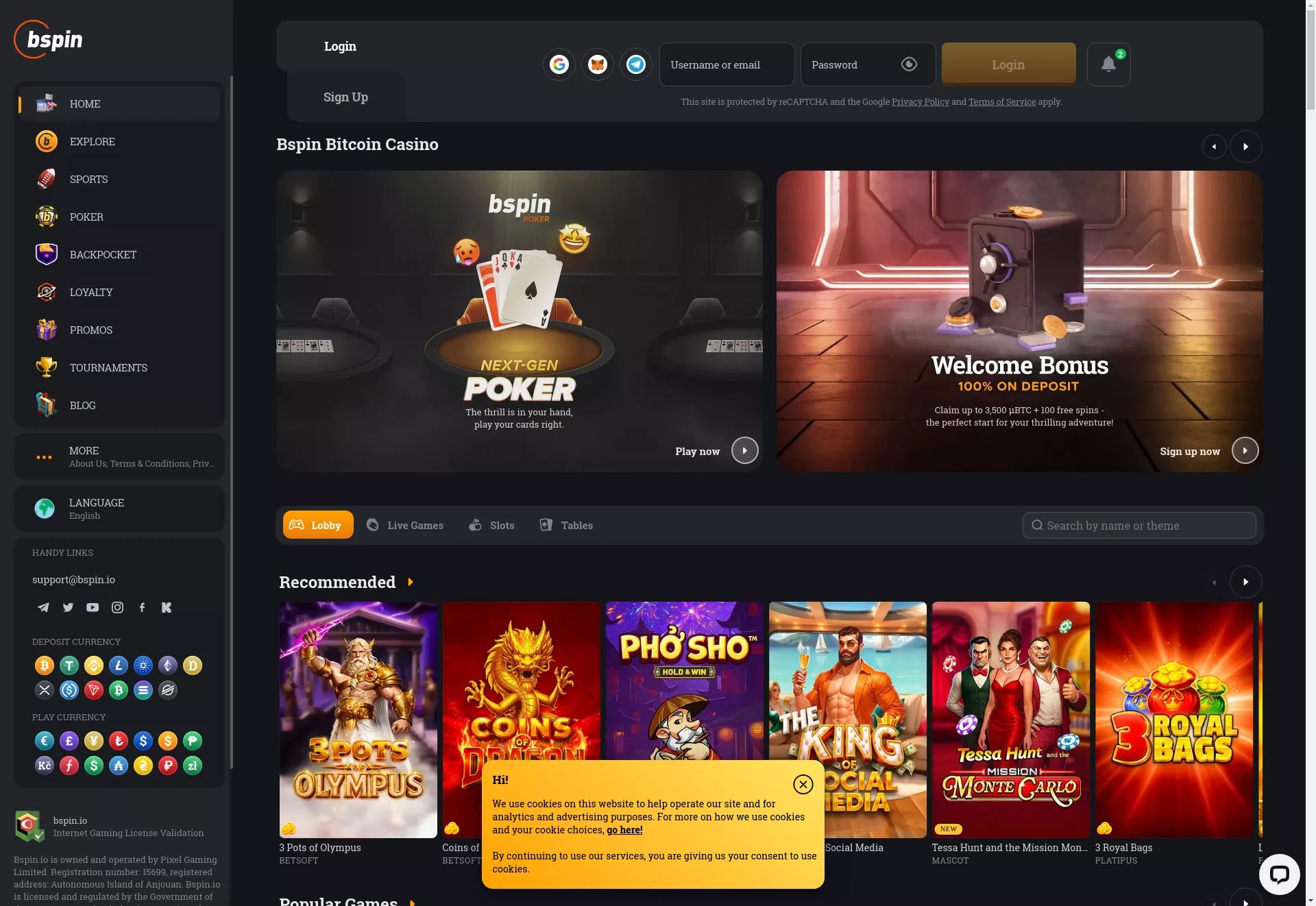 Desktop screen. Bspin.io Casino 100% up to mBtc1000000 + 20 FS