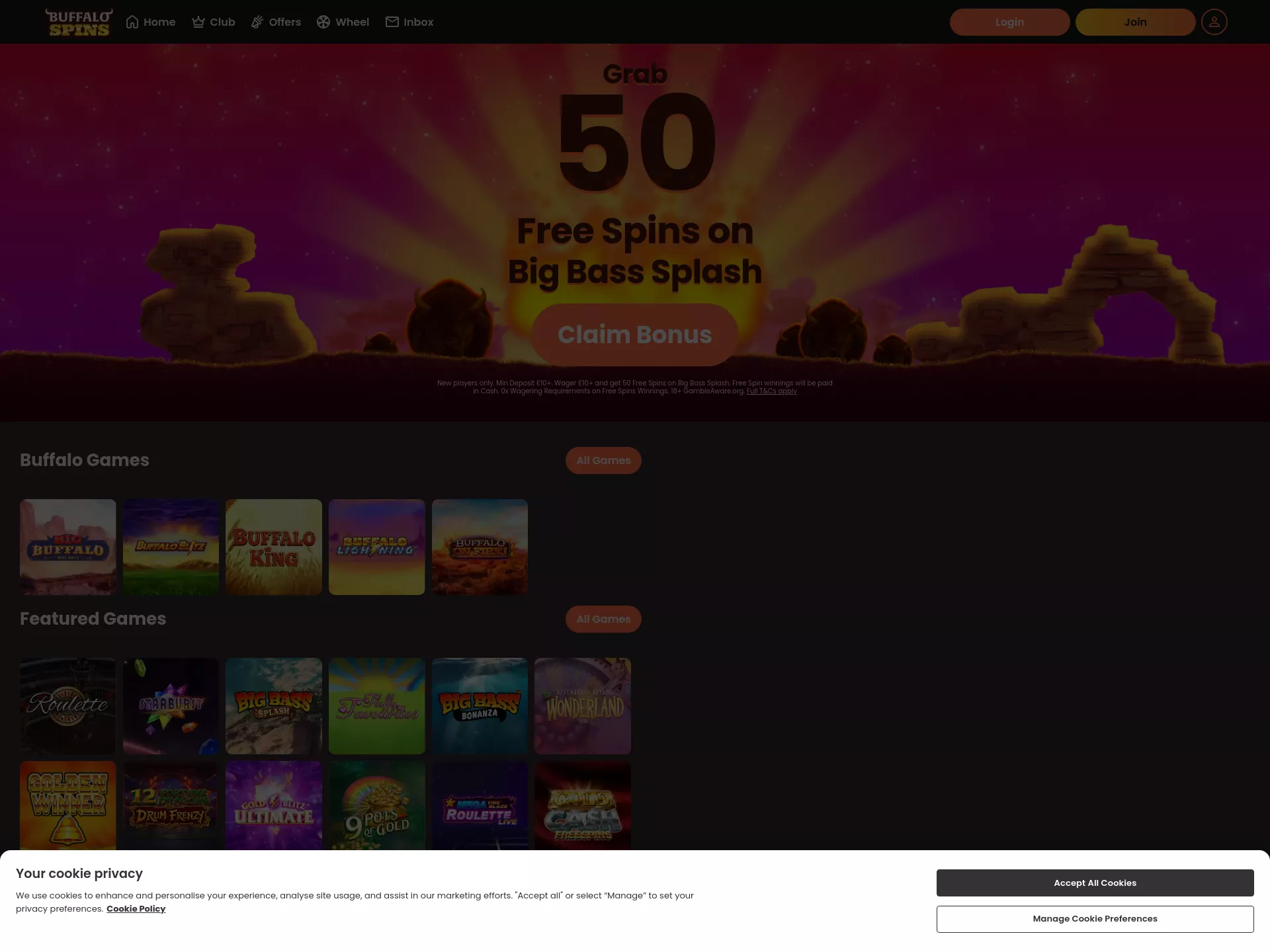 Desktop screen. Buffalo Spins Get up to 500 FS
