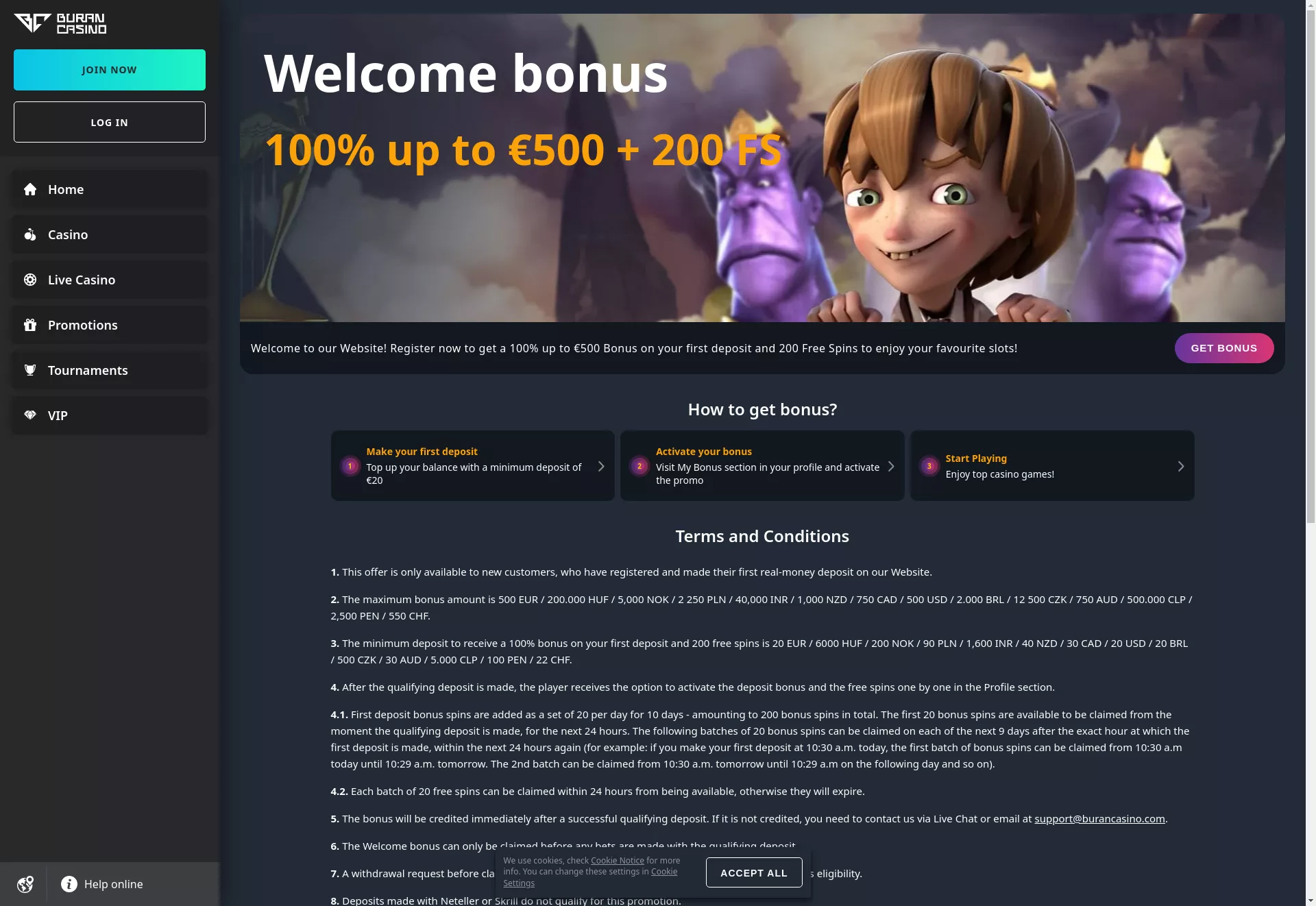 Desktop screen. Buran Casino 100% up to $500 + 200 FS + 1 Bonus Crab