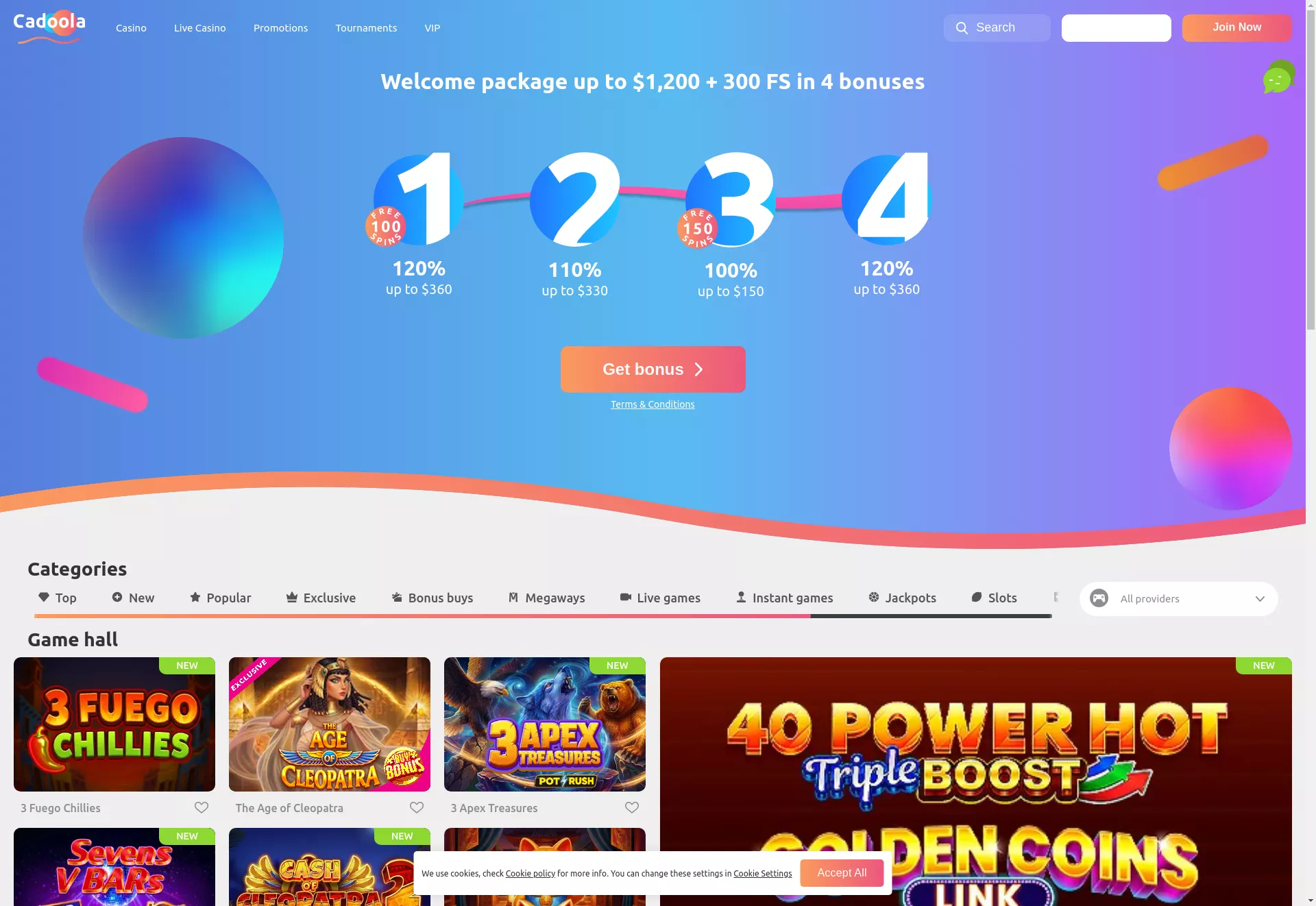 Desktop screen. Cadoola casino Up to C$1200 + 300 FS + 1 Bonus Crab