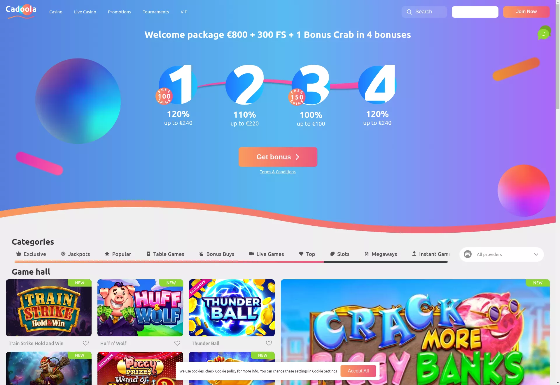 Desktop screen. Cadoola casino Up to $800 + 200 FS + 1 Bonus Crab