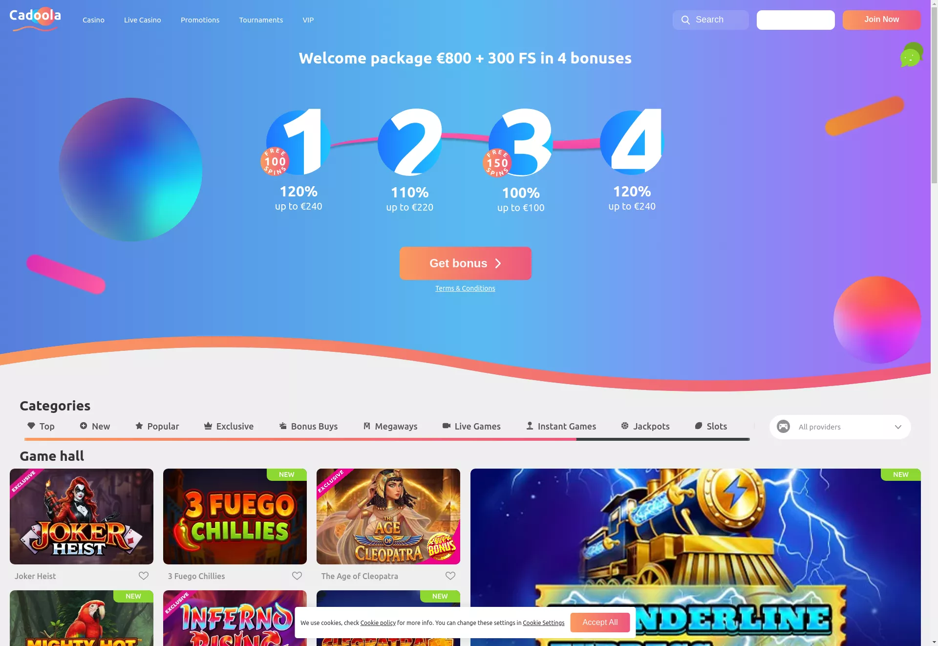 Desktop screen. Cadoola casino Up to €800 + 300 FS + 1 Bonus Crab